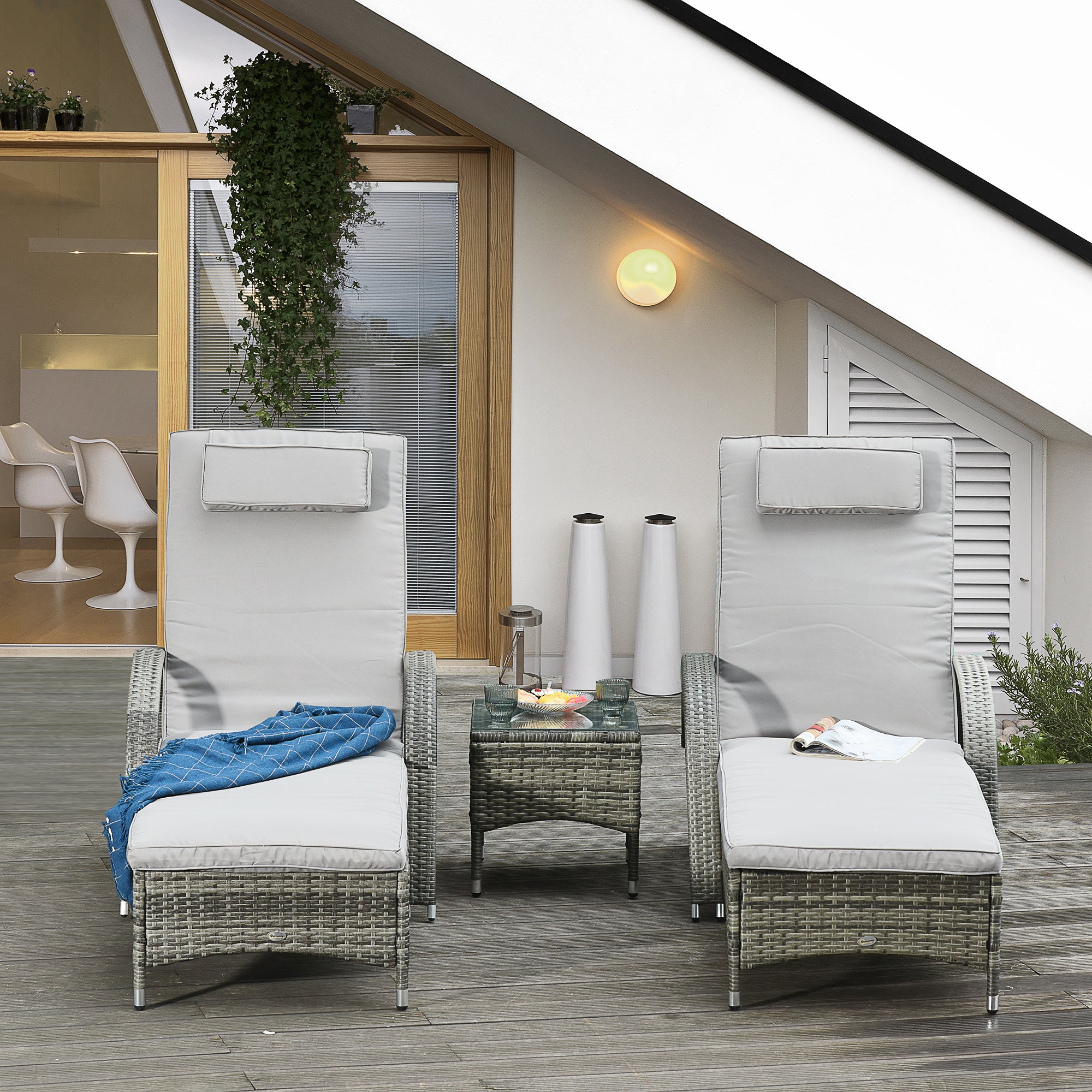 Outsunny 3 Pieces Wicker Patio Lounger Set with Table, PE Rattan Outdoor Lounge Chair Set with Cushions, Wheels, 5-Level Reclining Backrest, Headrest, Mixed Grey