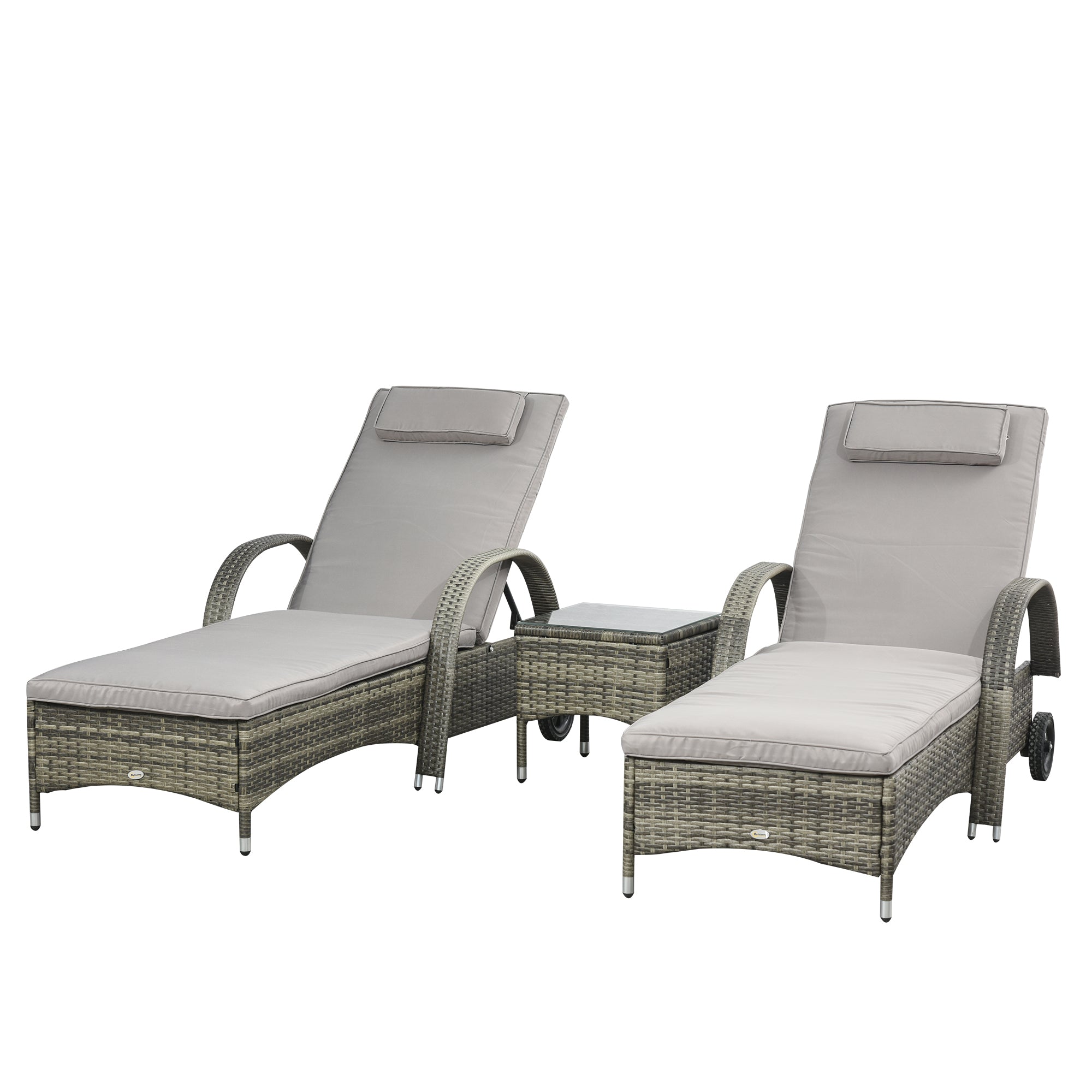 Outsunny 3 Pieces Wicker Patio Lounger Set with Table, PE Rattan Outdoor Lounge Chair Set with Cushions, Wheels, 5-Level Reclining Backrest, Headrest, Mixed Grey