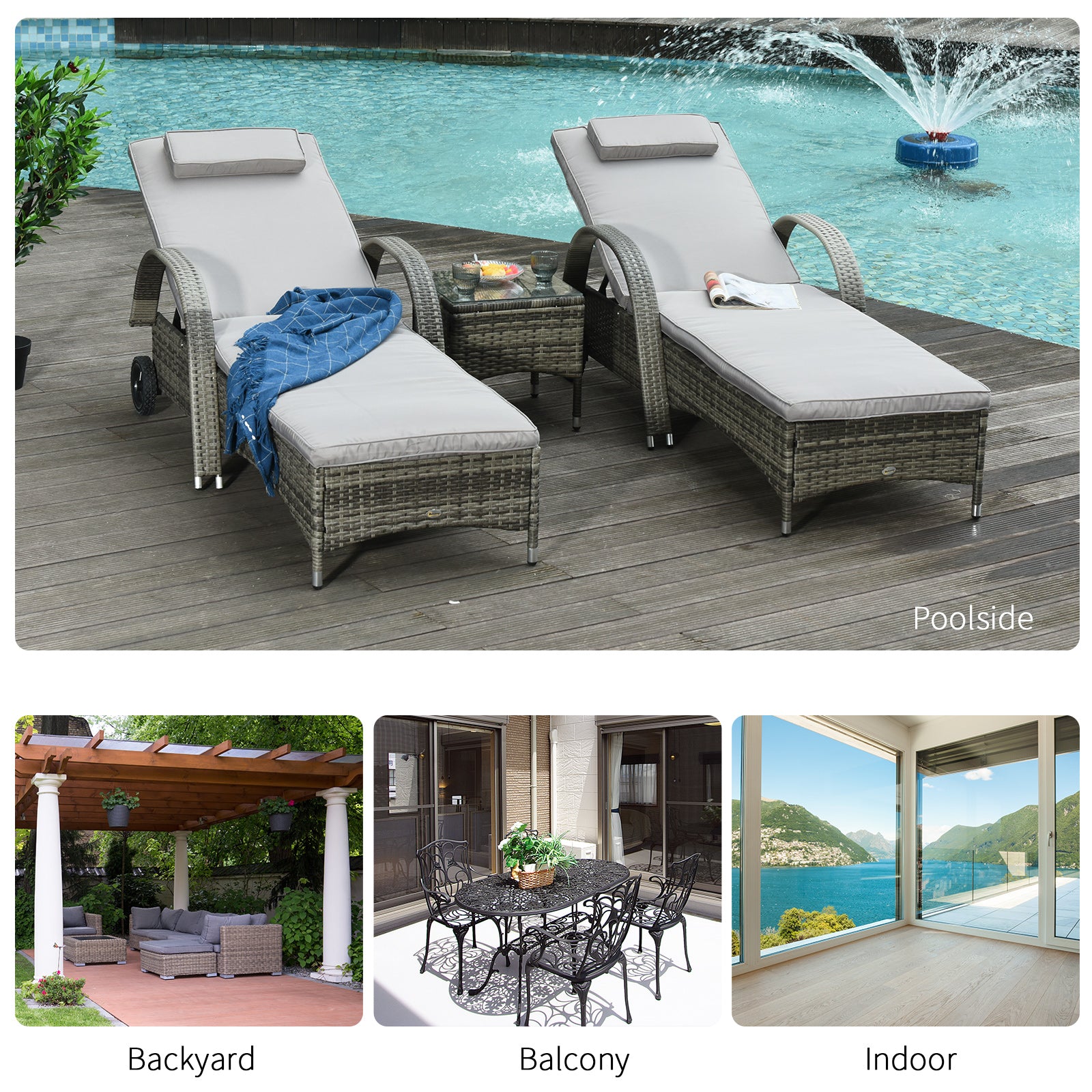 Outsunny 3 Pieces Wicker Patio Lounger Set with Table, PE Rattan Outdoor Lounge Chair Set with Cushions, Wheels, 5-Level Reclining Backrest, Headrest, Mixed Grey