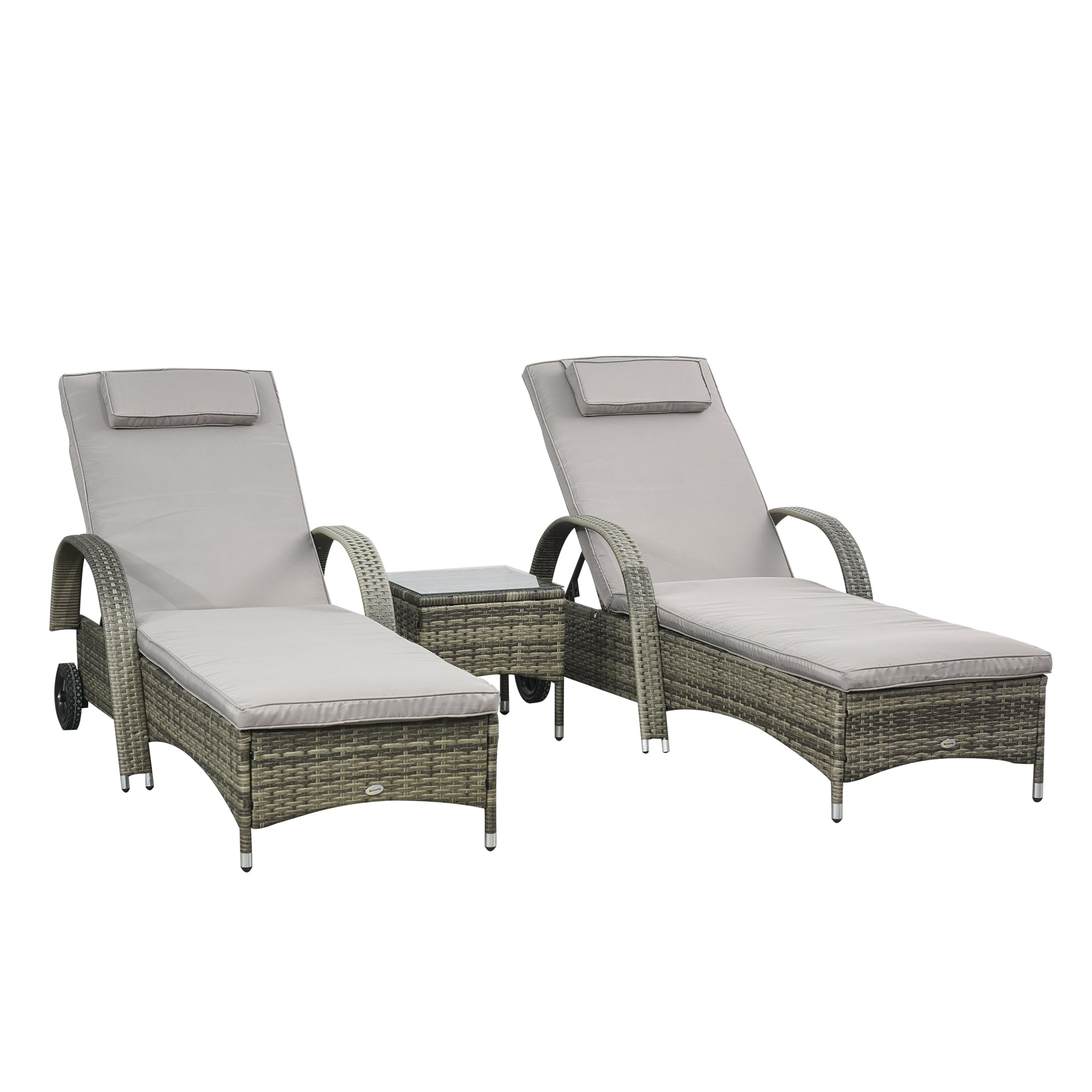 Outsunny 3 Pieces Wicker Patio Lounger Set with Table, PE Rattan Outdoor Lounge Chair Set with Cushions, Wheels, 5-Level Reclining Backrest, Headrest, Mixed Grey