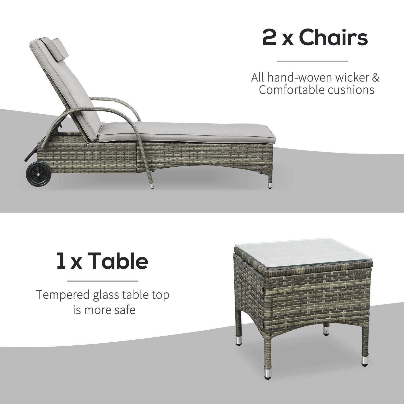 Outsunny 3 Pieces Wicker Patio Lounger Set with Table, PE Rattan Outdoor Lounge Chair Set with Cushions, Wheels, 5-Level Reclining Backrest, Headrest, Mixed Grey