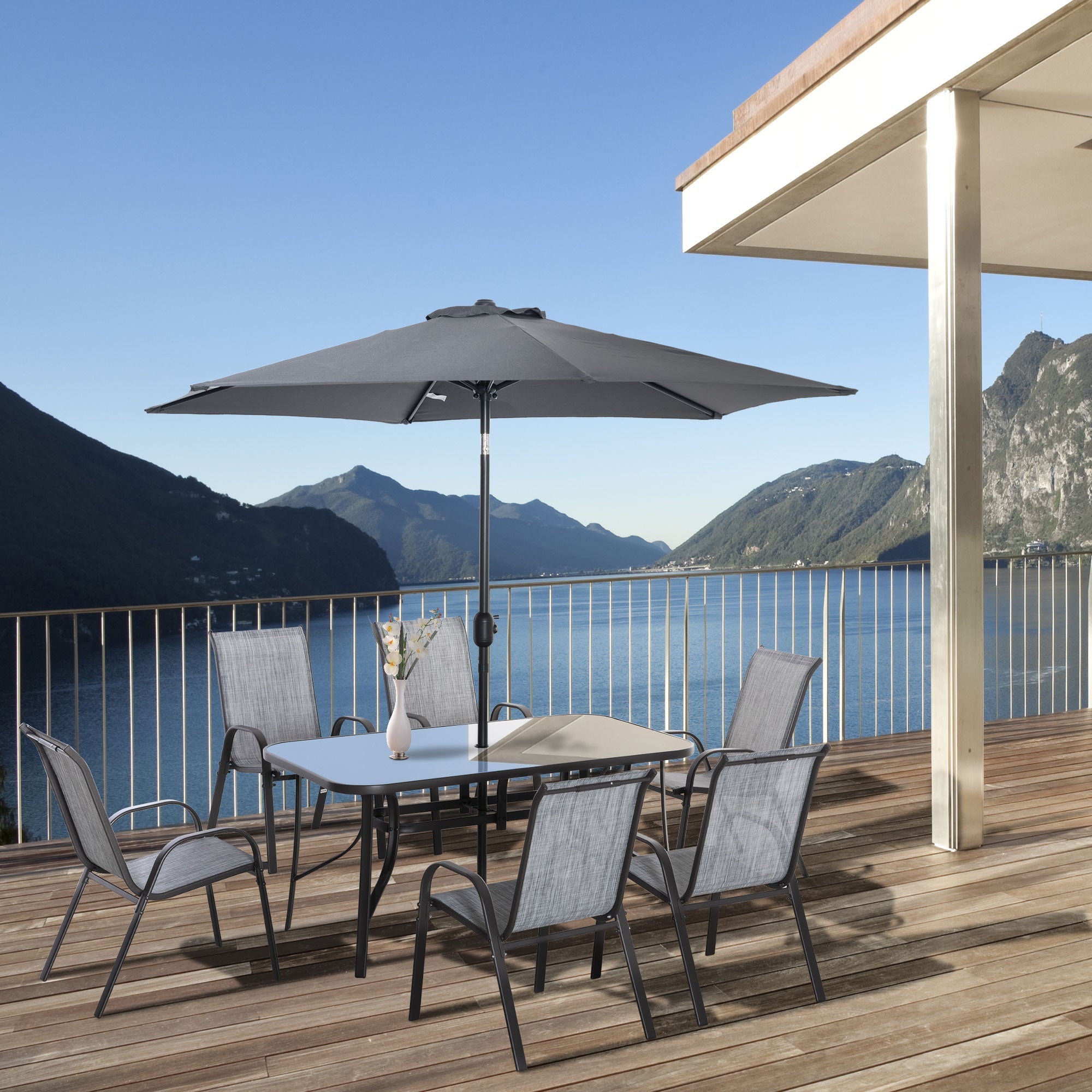 Outsunny 8 Pieces Patio Dining Set with Umbrella, Aluminum Frame Outdoor Patio Furniture Set with 6 Sling Chairs and Glass Top Rectangle Dining Table, Mixed-Grey