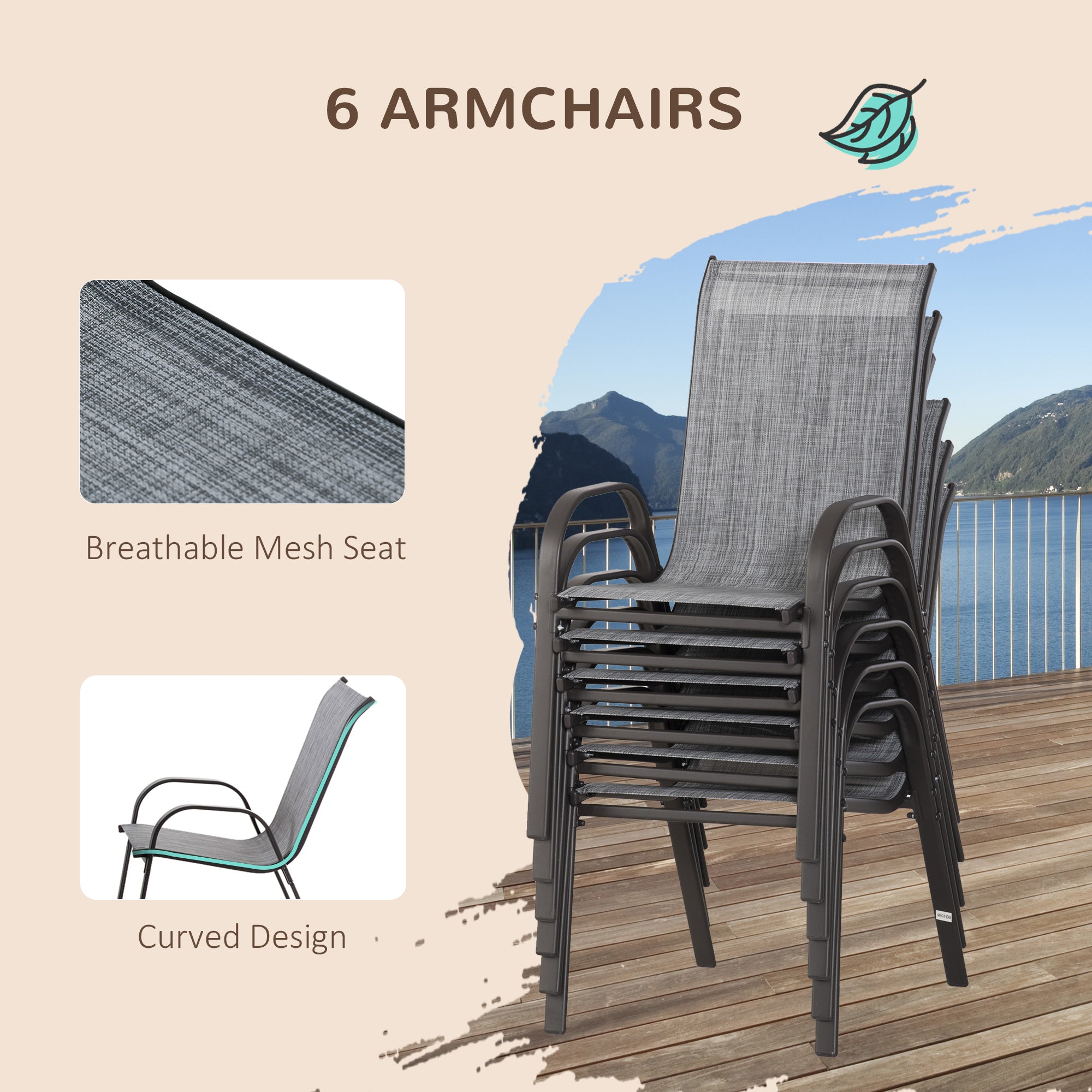Outsunny 8 Pieces Patio Dining Set with Umbrella, Aluminum Frame Outdoor Patio Furniture Set with 6 Sling Chairs and Glass Top Rectangle Dining Table, Mixed-Grey