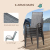 Outsunny 8 Pieces Patio Dining Set with Umbrella, Aluminum Frame Outdoor Patio Furniture Set with 6 Sling Chairs and Glass Top Rectangle Dining Table, Mixed-Grey