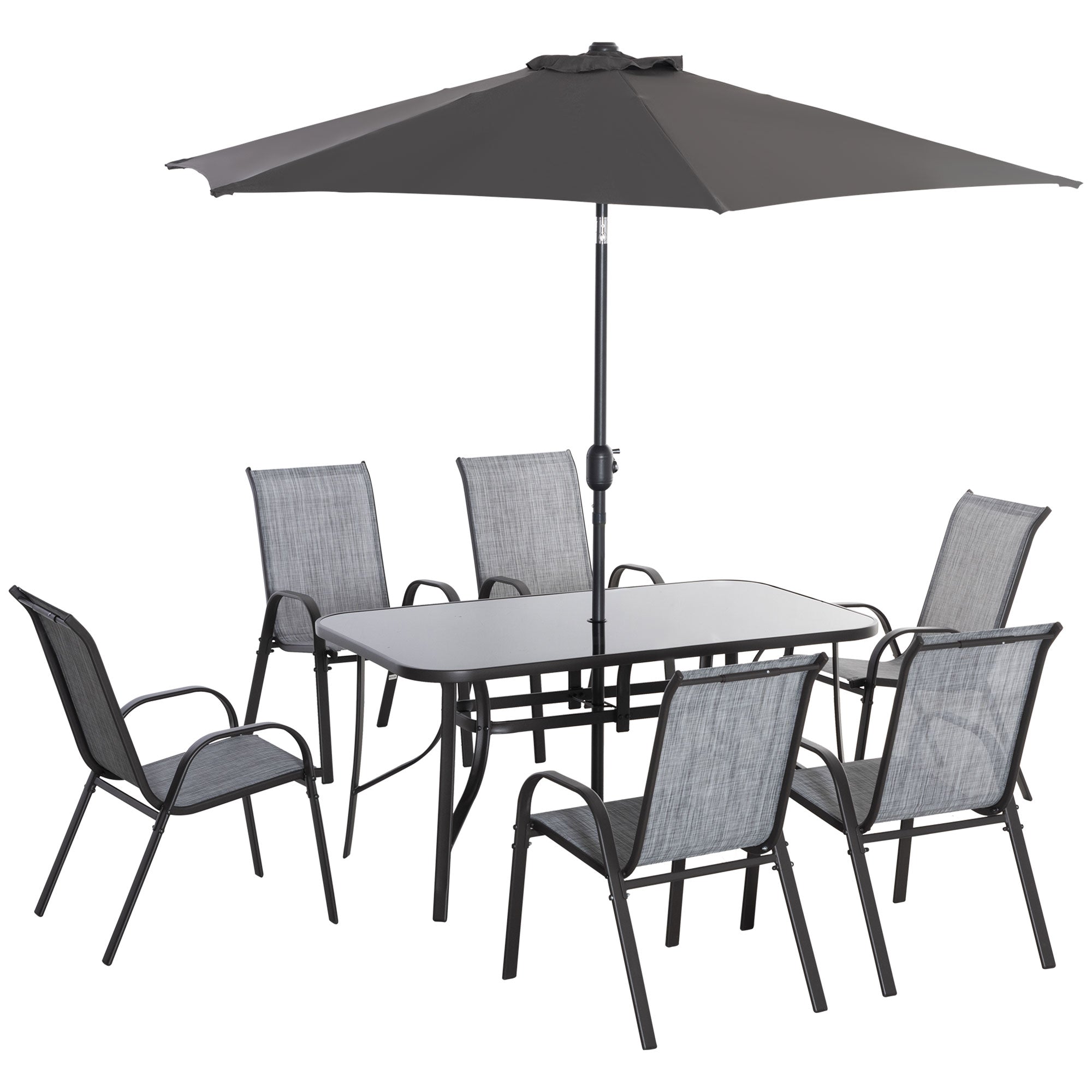 Outsunny 8 Pieces Patio Dining Set with Umbrella, Aluminum Frame Outdoor Patio Furniture Set with 6 Sling Chairs and Glass Top Rectangle Dining Table, Mixed-Grey