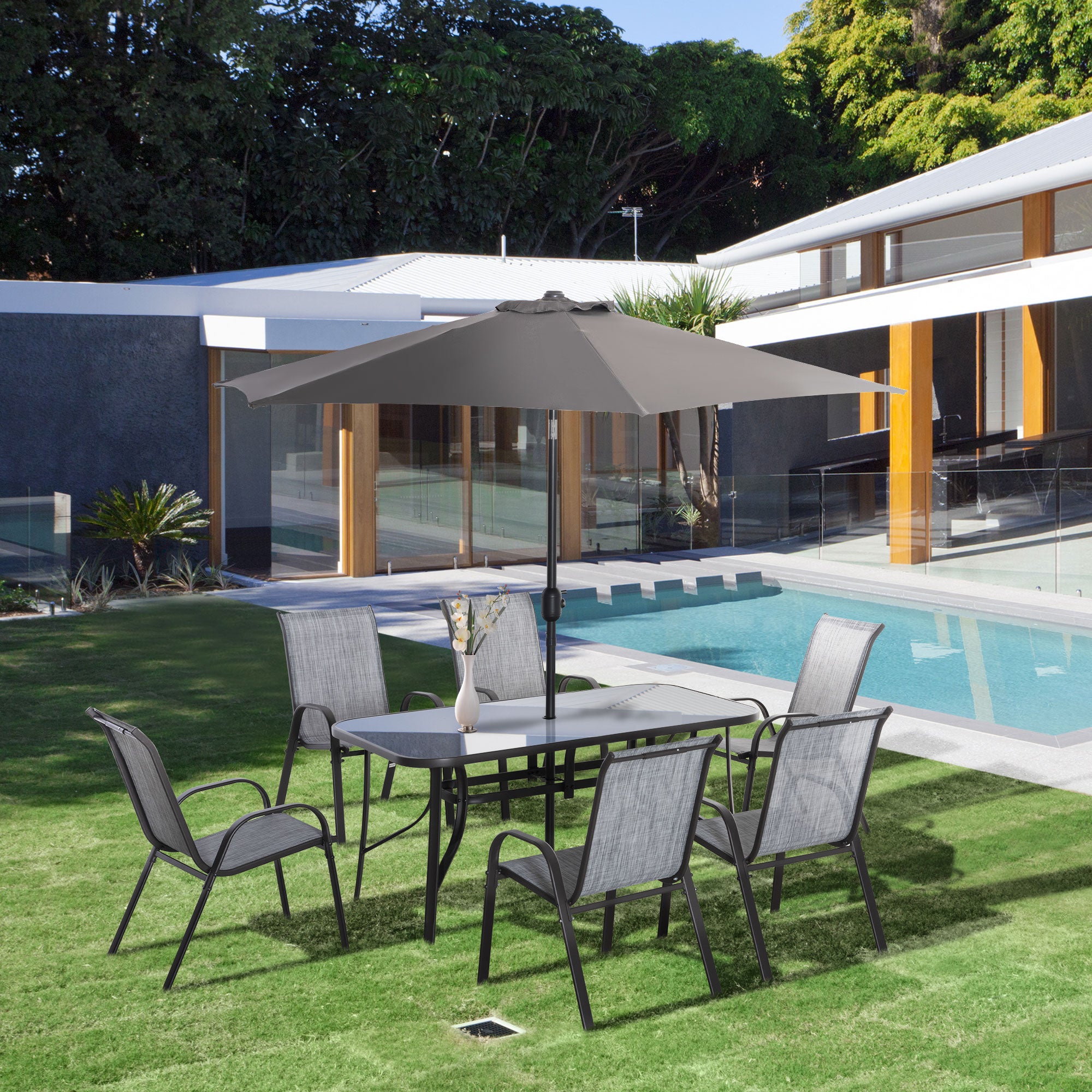 Outsunny 8 Pieces Patio Dining Set with Umbrella, Aluminum Frame Outdoor Patio Furniture Set with 6 Sling Chairs and Glass Top Rectangle Dining Table, Mixed-Grey