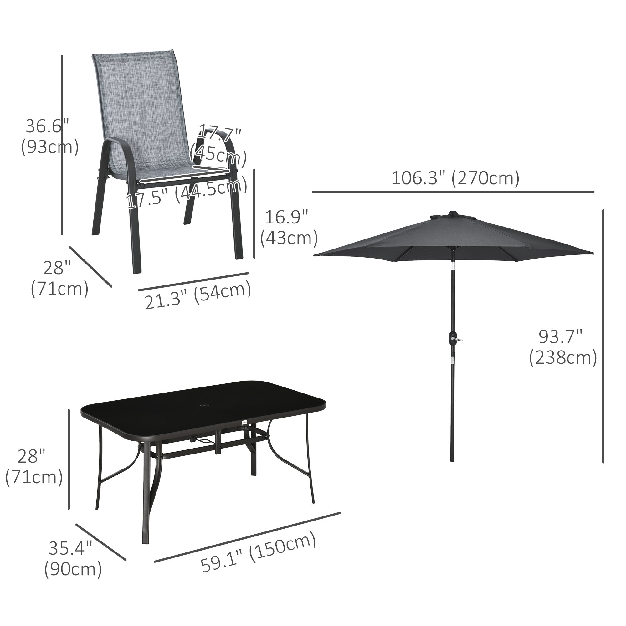 Outsunny 8 Pieces Patio Dining Set with Umbrella, Aluminum Frame Outdoor Patio Furniture Set with 6 Sling Chairs and Glass Top Rectangle Dining Table, Mixed-Grey