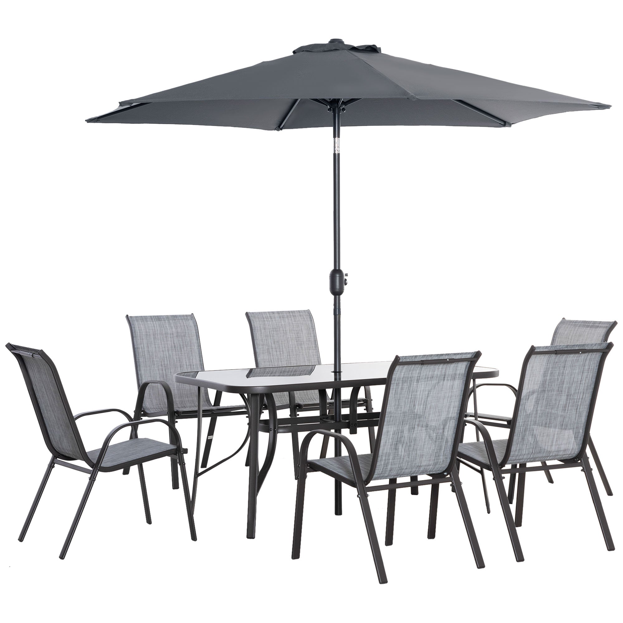 Outsunny 8 Pieces Patio Dining Set with Umbrella, Aluminum Frame Outdoor Patio Furniture Set with 6 Sling Chairs and Glass Top Rectangle Dining Table, Mixed-Grey
