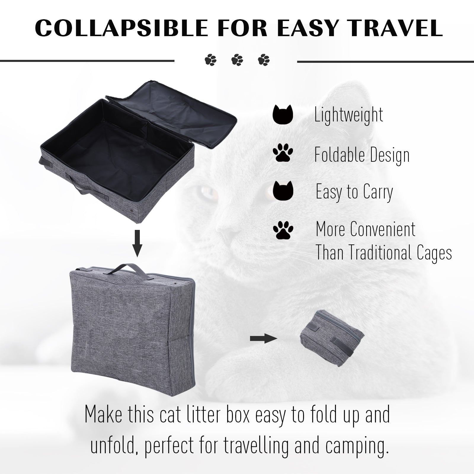 PawHut Cat Litter Box Collapsible Portable Foldable Travel Light Weight Toilet Tray For Small Kitty - Grey