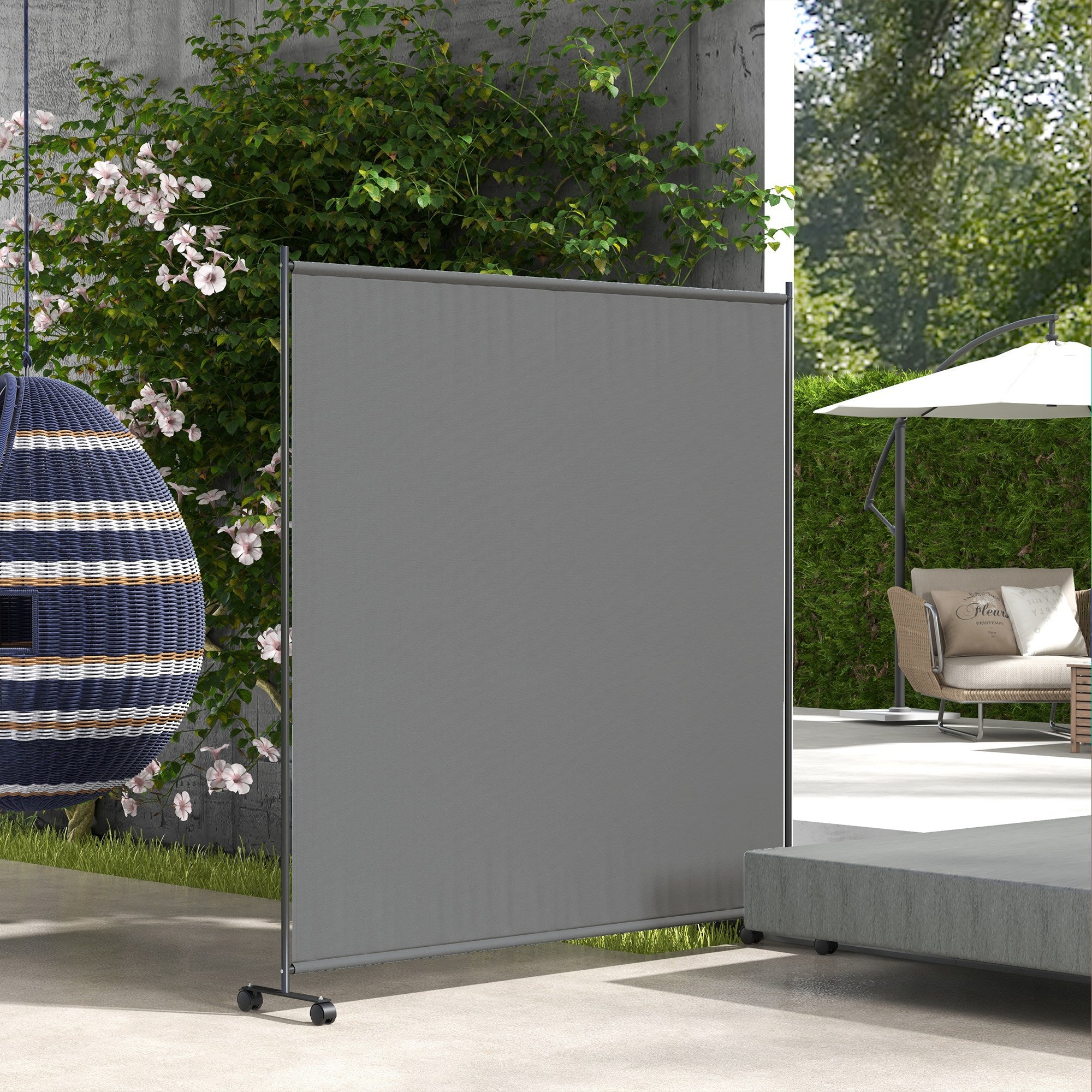 Outsunny Single Panel Room Divider with Lockable Wheels, 6ft Rolling Privacy Screen, Portable Freestanding Privacy Panel for Garden Backyard Deck Pool Hot Tub, Dark Grey
