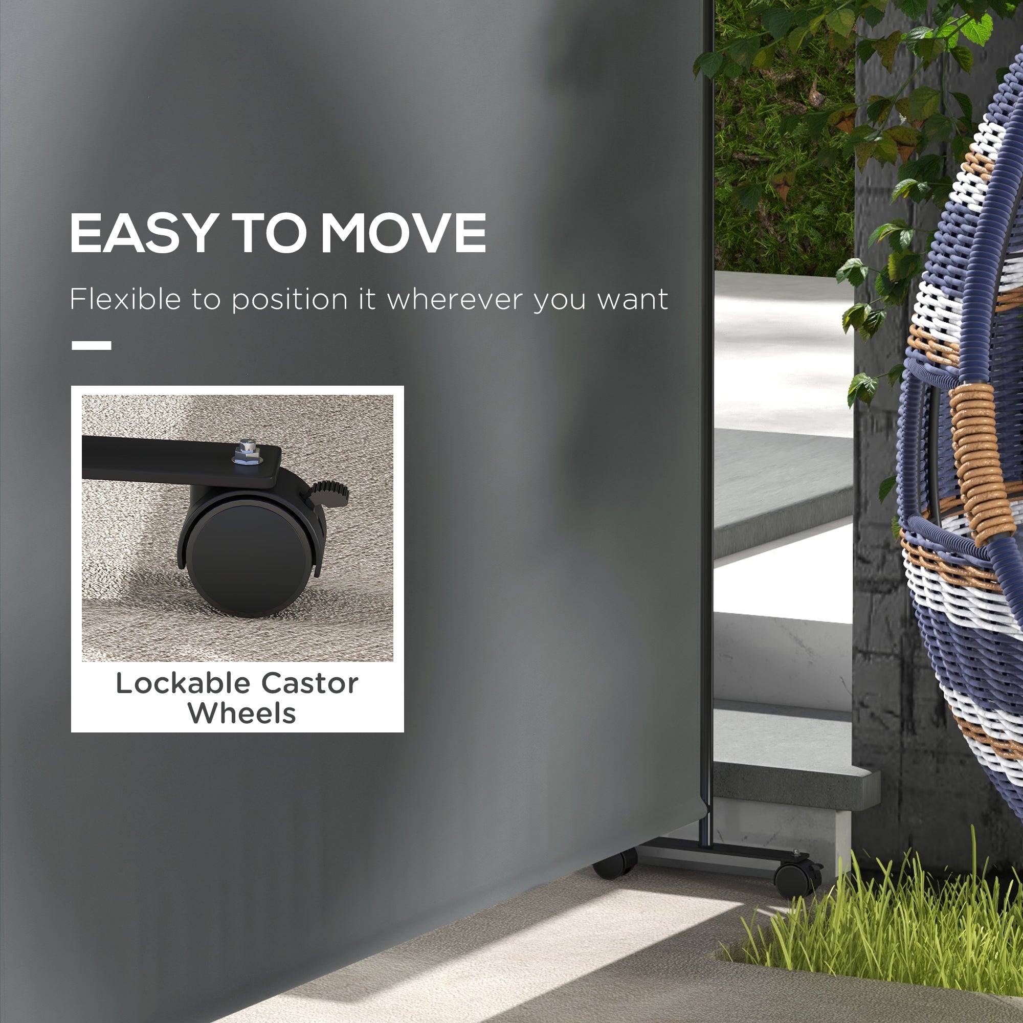 Outsunny Single Panel Room Divider with Lockable Wheels, 6ft Rolling Privacy Screen, Portable Freestanding Privacy Panel for Garden Backyard Deck Pool Hot Tub, Dark Grey