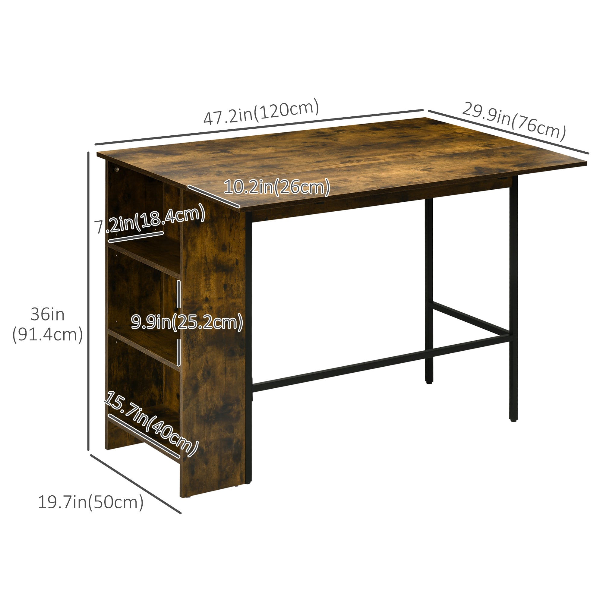 HOMCOM Extendable Bar Table with Drop Leaf, Counter Height Table, Foldable Pub Table with Adjustable Storage Shelf