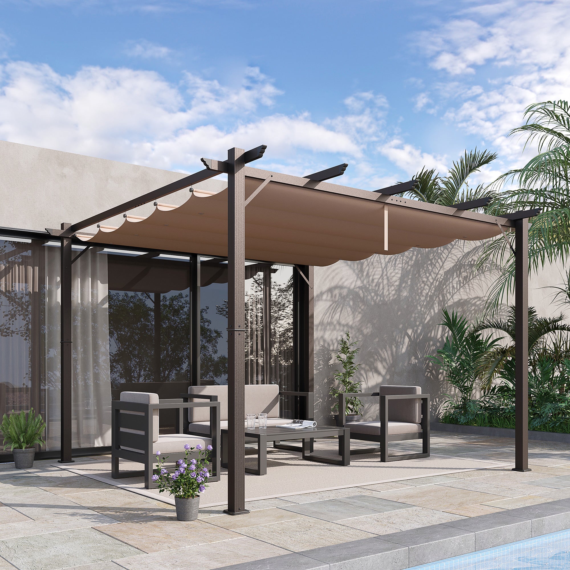 Outsunny 10' x 10' Outdoor Retractable Pergola Canopy, Aluminium Gazebo, Grape Trellis Sunshade Shelter for Backyard, Deck, Garden, Brown Frame