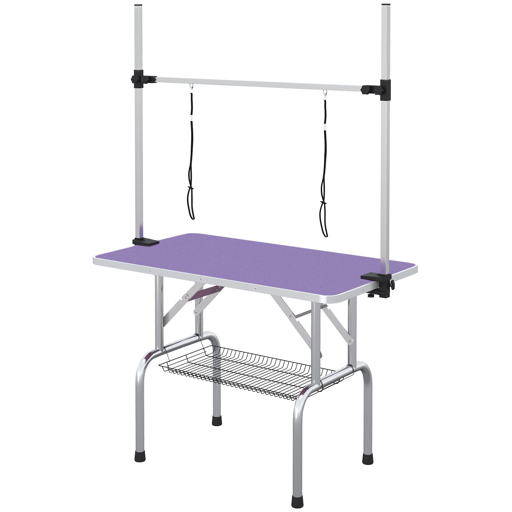 PawHut 43"L Adjustable Dog Grooming Table Rubber Top 2 Safety Slings Mesh Storage Basket Heavy Metal Purple 43"x 23.5" x 64.6"