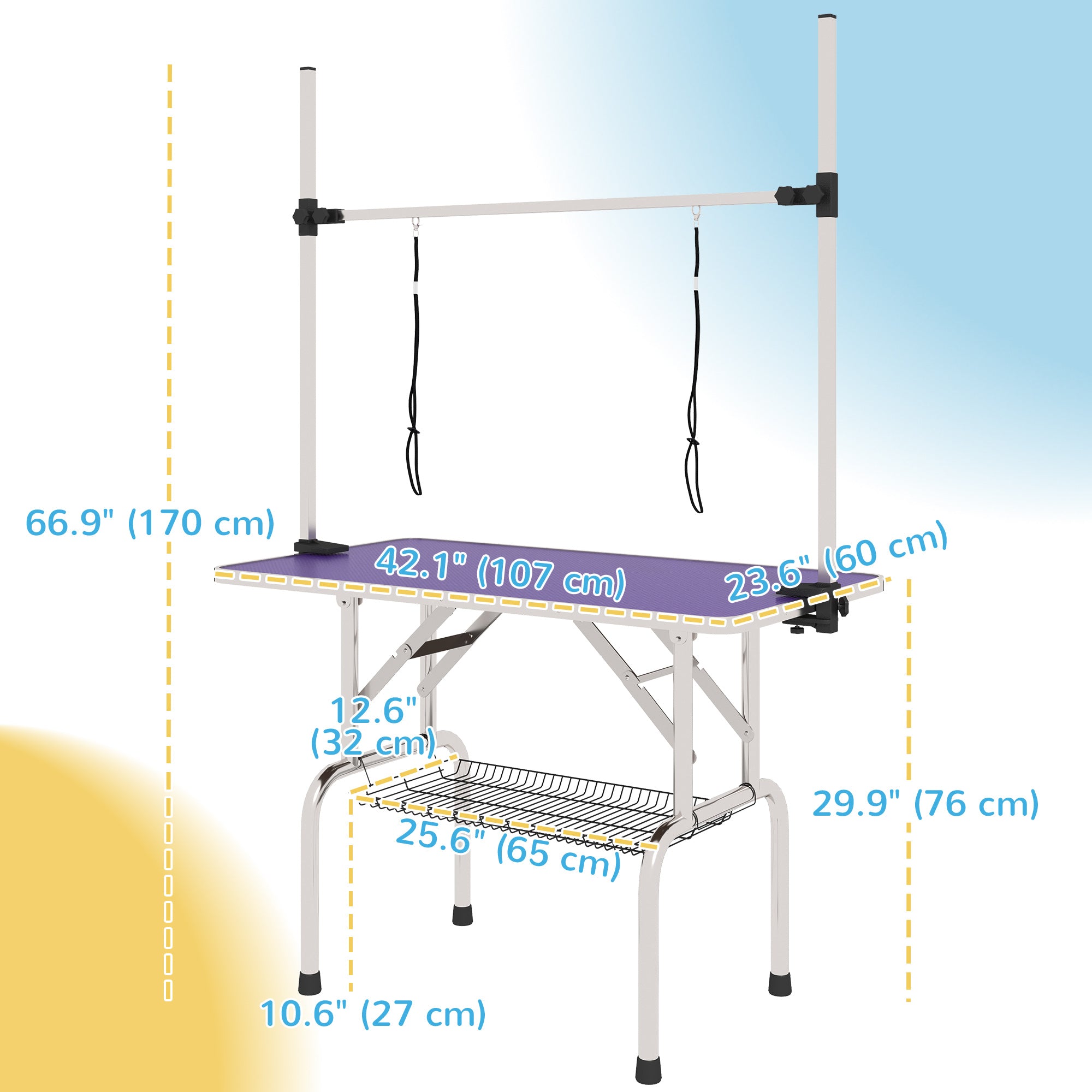 PawHut 43"L Adjustable Dog Grooming Table Rubber Top 2 Safety Slings Mesh Storage Basket Heavy Metal Purple 43"x 23.5" x 64.6"