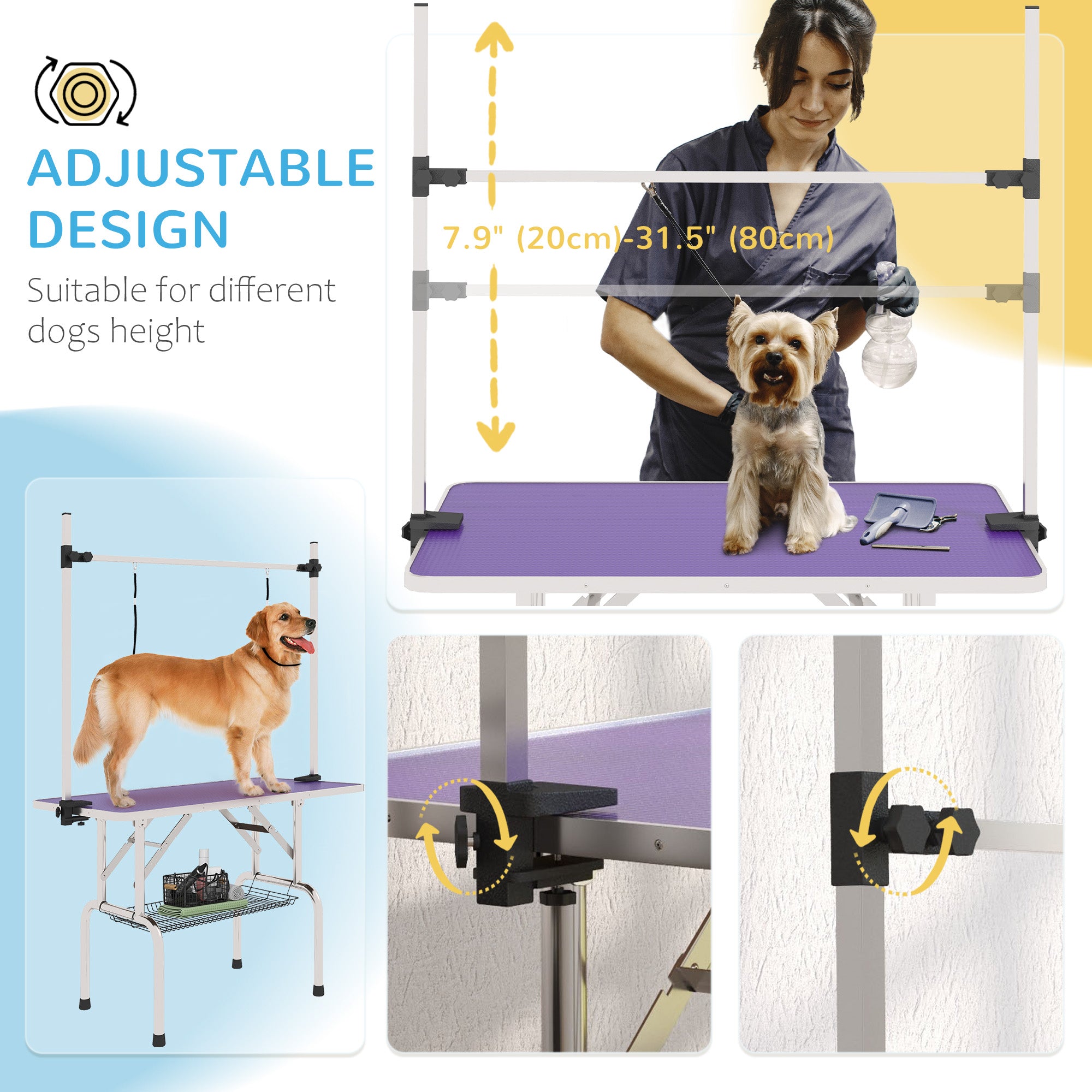 PawHut 43"L Adjustable Dog Grooming Table Rubber Top 2 Safety Slings Mesh Storage Basket Heavy Metal Purple 43"x 23.5" x 64.6"
