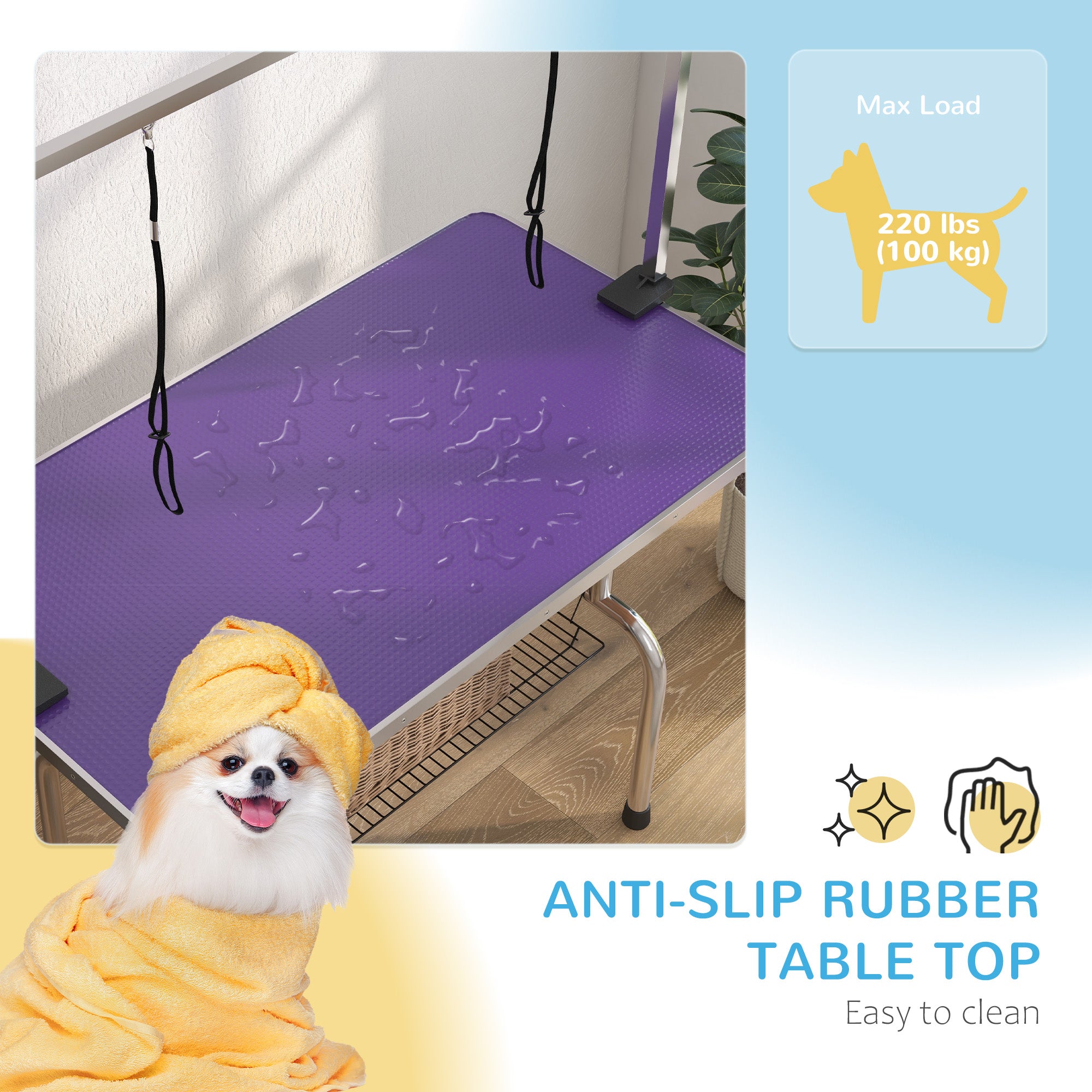 PawHut 43"L Adjustable Dog Grooming Table Rubber Top 2 Safety Slings Mesh Storage Basket Heavy Metal Purple 43"x 23.5" x 64.6"
