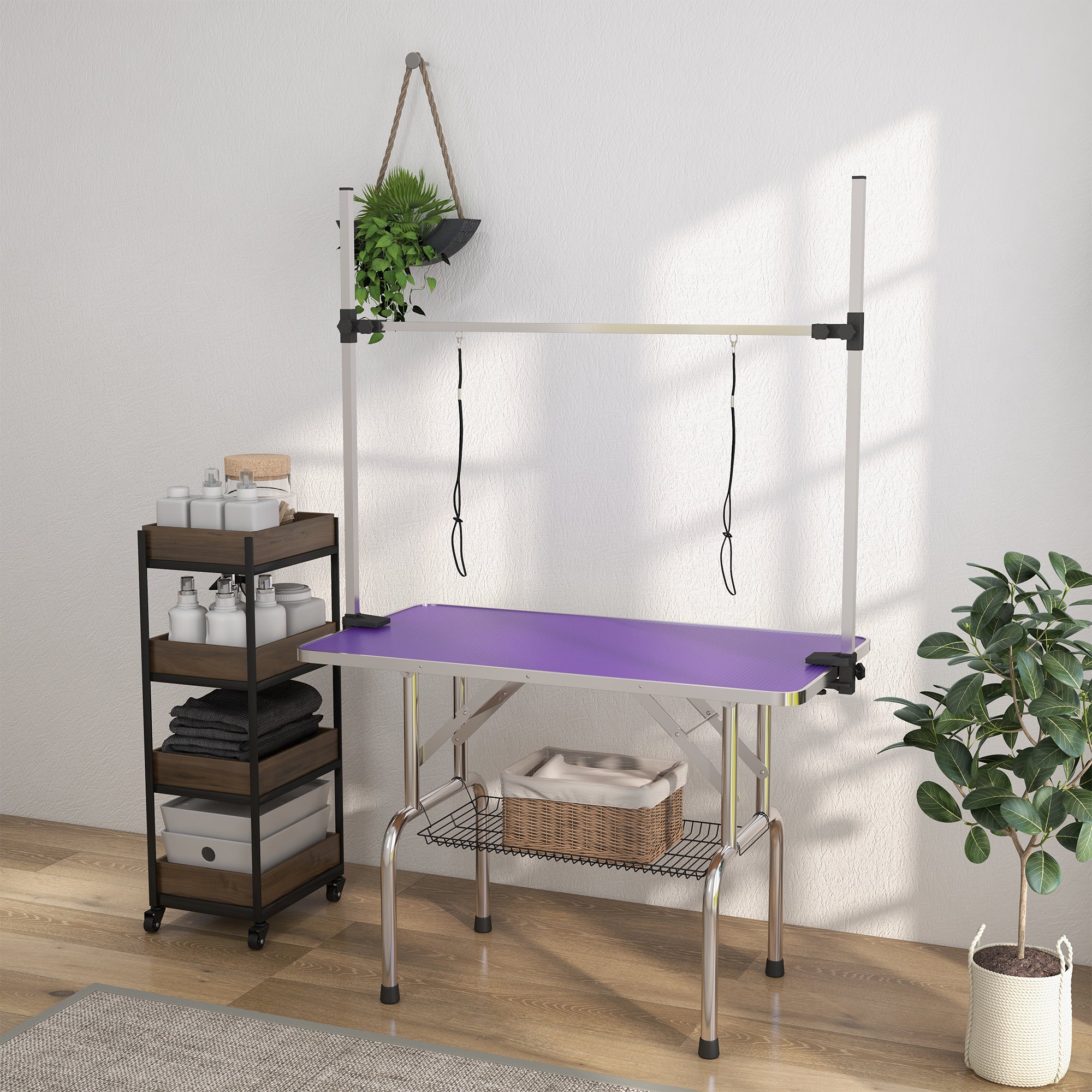 PawHut 43"L Adjustable Dog Grooming Table Rubber Top 2 Safety Slings Mesh Storage Basket Heavy Metal Purple 43"x 23.5" x 64.6"