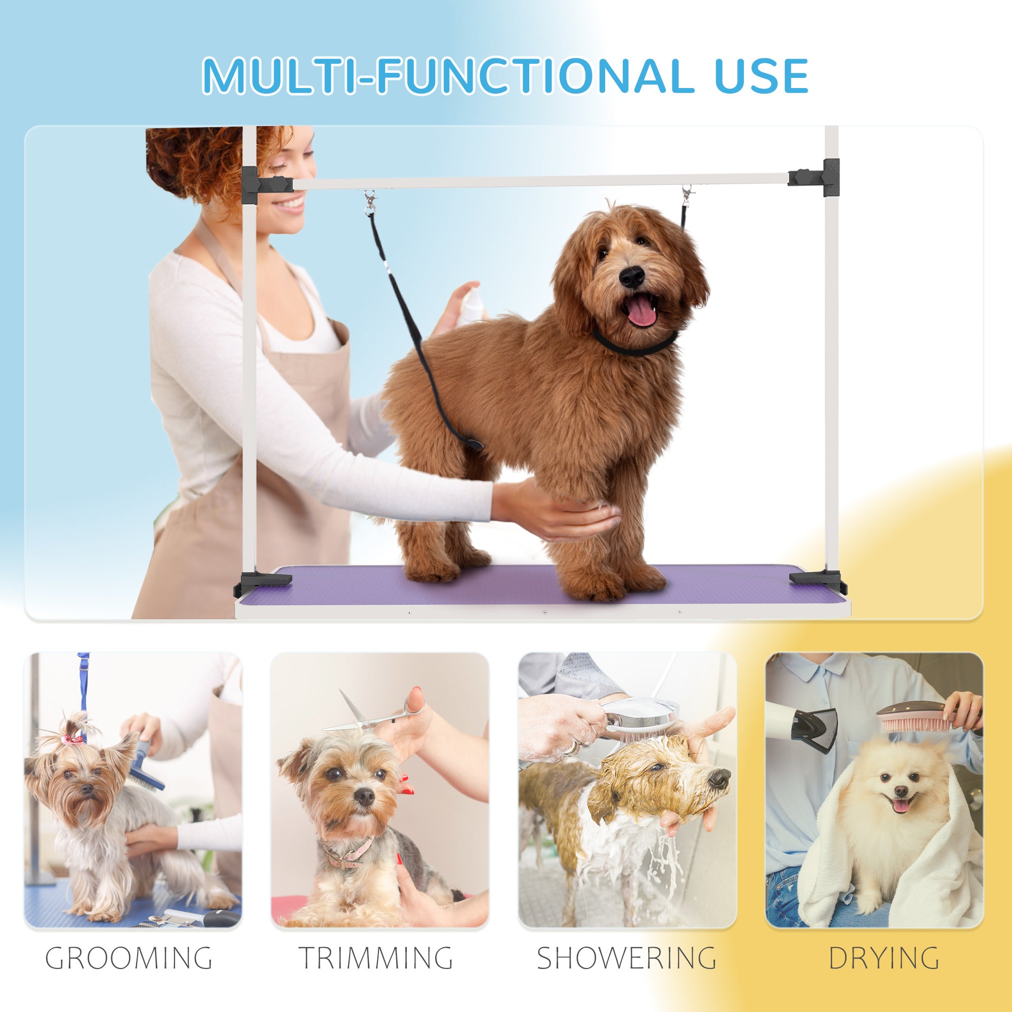 PawHut 43"L Adjustable Dog Grooming Table Rubber Top 2 Safety Slings Mesh Storage Basket Heavy Metal Purple 43"x 23.5" x 64.6"