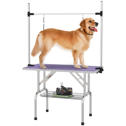 PawHut 43"L Adjustable Dog Grooming Table Rubber Top 2 Safety Slings Mesh Storage Basket Heavy Metal Purple 43"x 23.5" x 64.6"