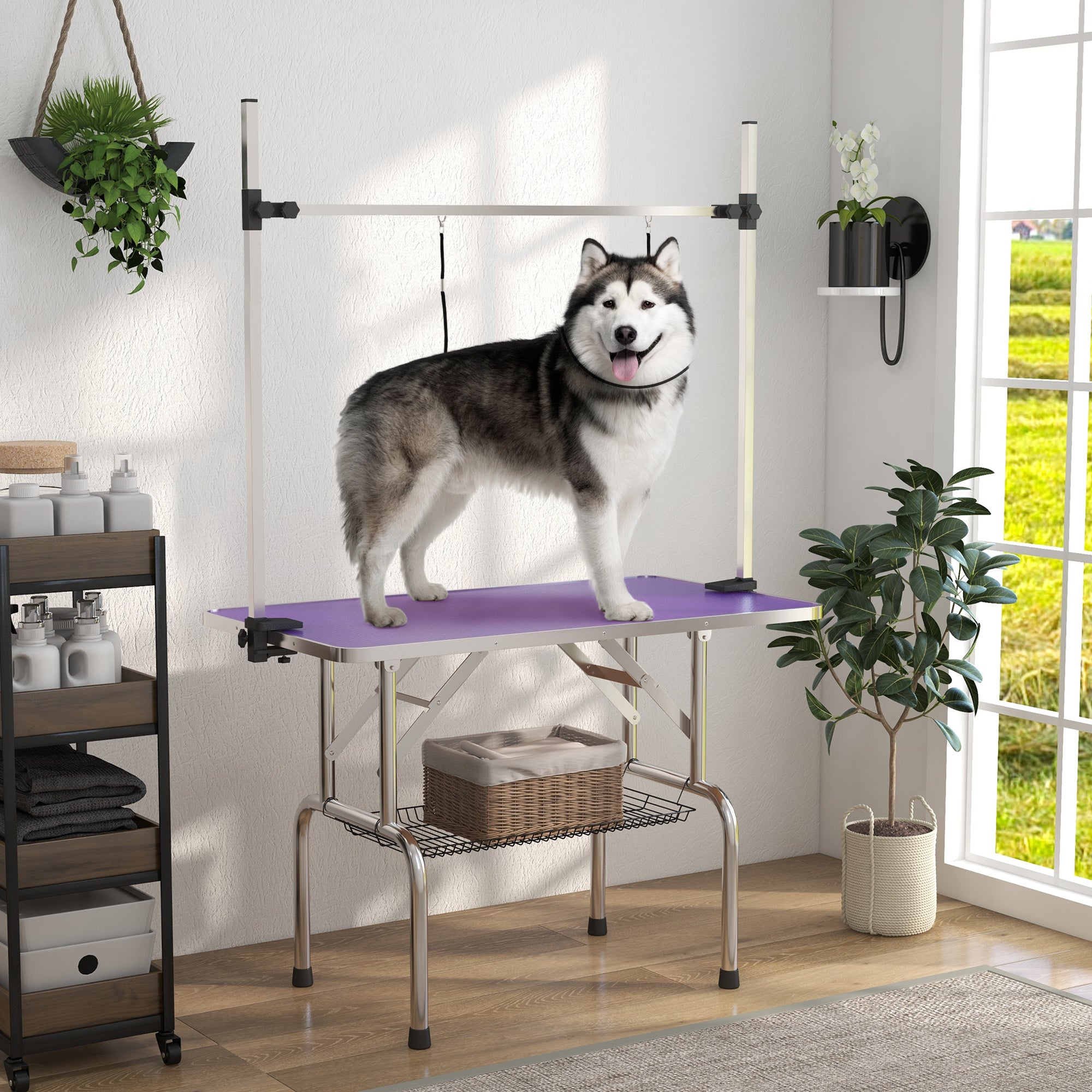 PawHut 43"L Adjustable Dog Grooming Table Rubber Top 2 Safety Slings Mesh Storage Basket Heavy Metal Purple 43"x 23.5" x 64.6"