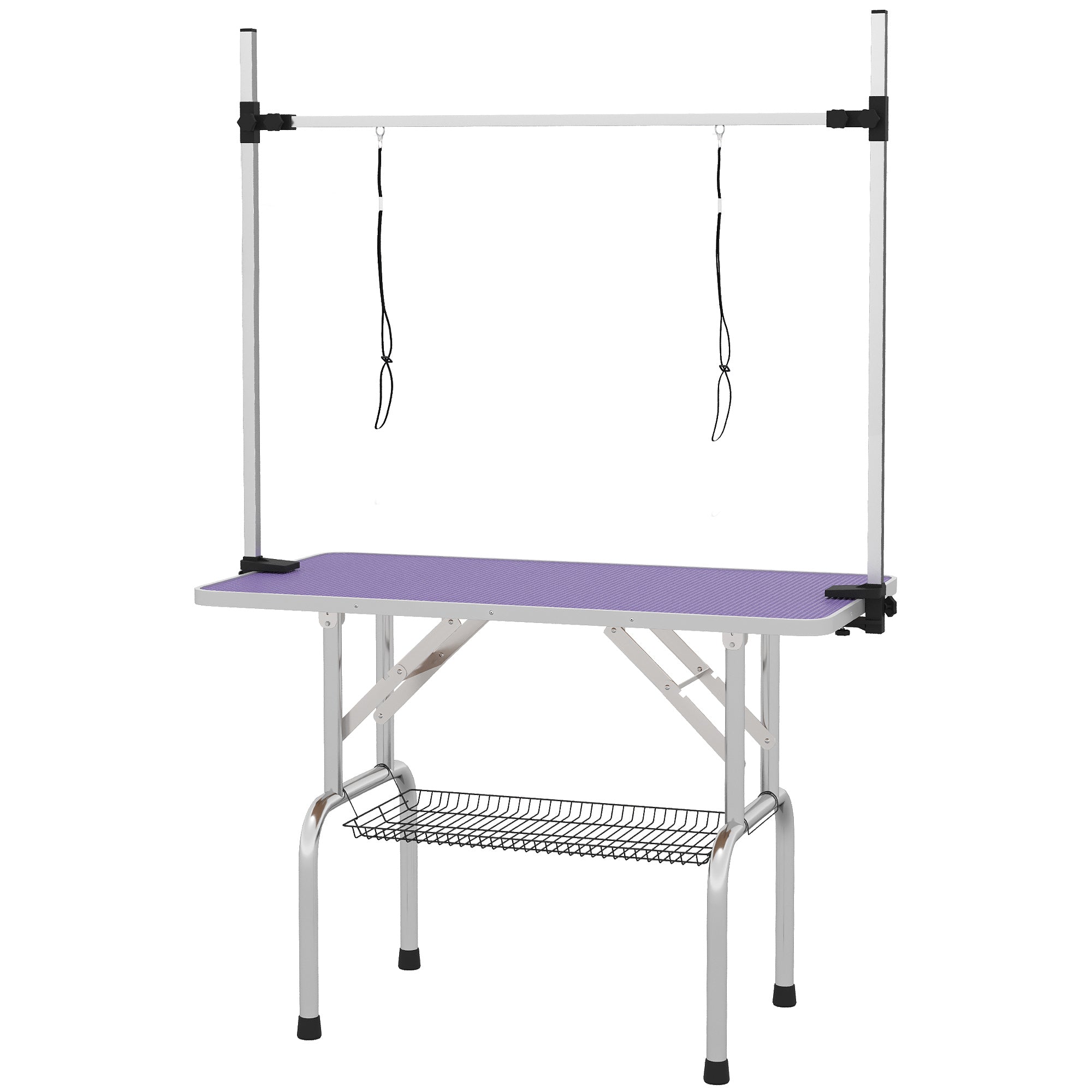 PawHut 43"L Adjustable Dog Grooming Table Rubber Top 2 Safety Slings Mesh Storage Basket Heavy Metal Purple 43"x 23.5" x 64.6"