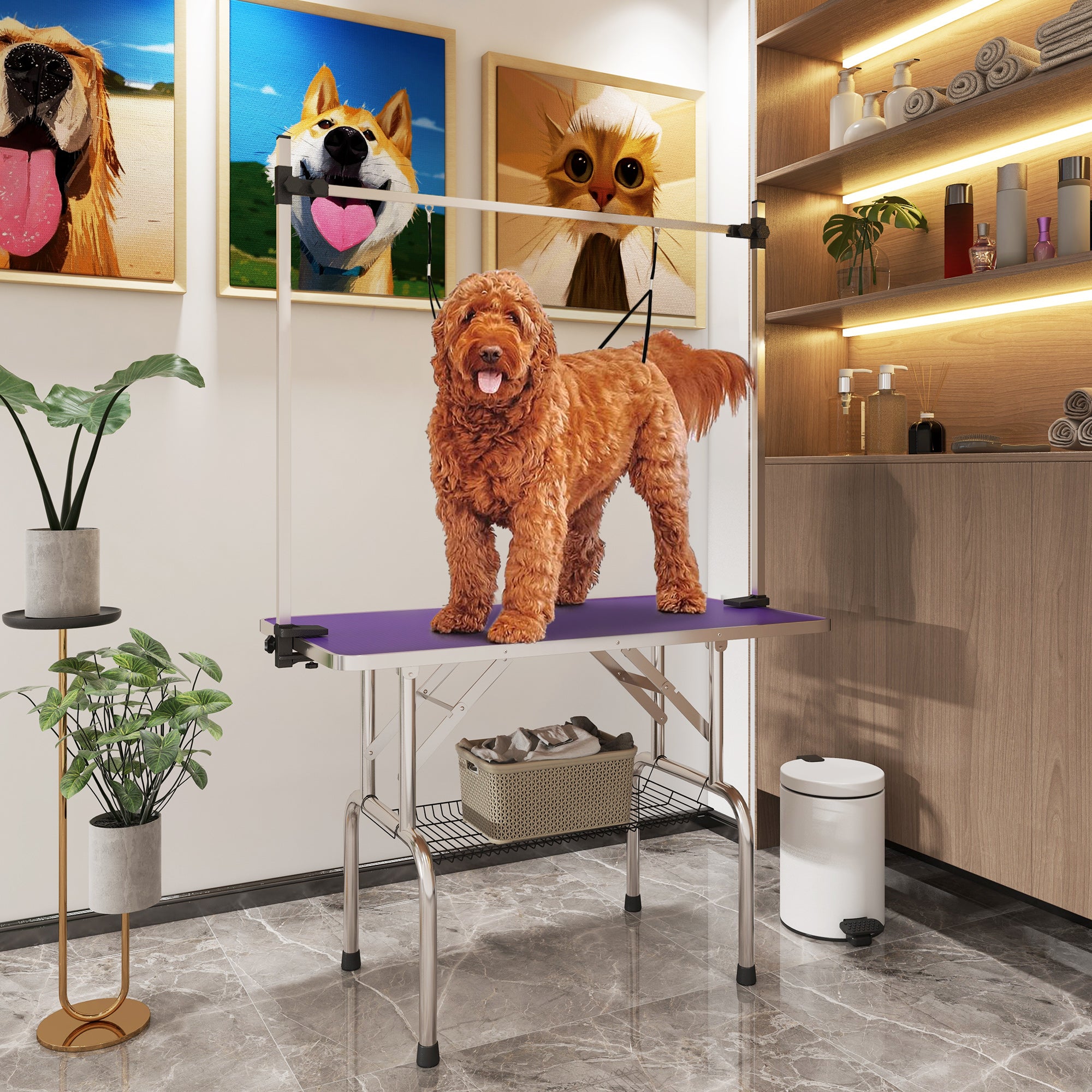 PawHut 43"L Adjustable Dog Grooming Table Rubber Top 2 Safety Slings Mesh Storage Basket Heavy Metal Purple 43"x 23.5" x 64.6"