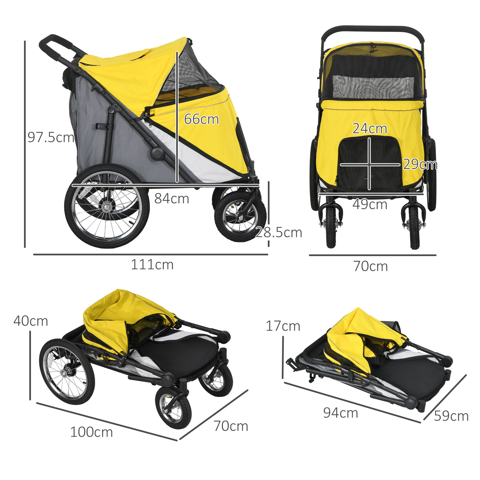 PawHut Large Dog Stroller Dog Pram Foldable Pet Pushchair with Safety Leashes for Medium, Large Dogs - Yellow