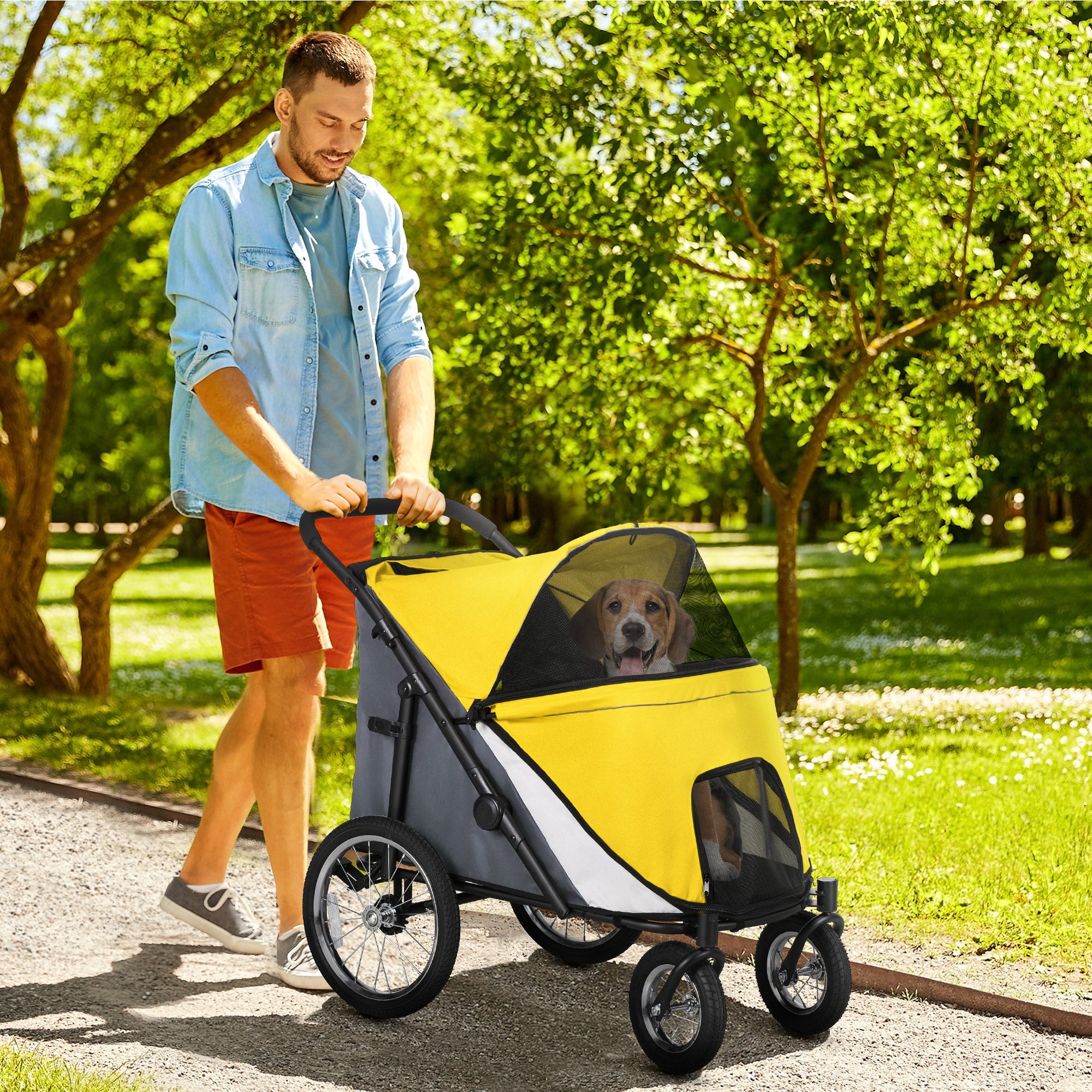 PawHut Large Dog Stroller Dog Pram Foldable Pet Pushchair with Safety Leashes for Medium, Large Dogs - Yellow
