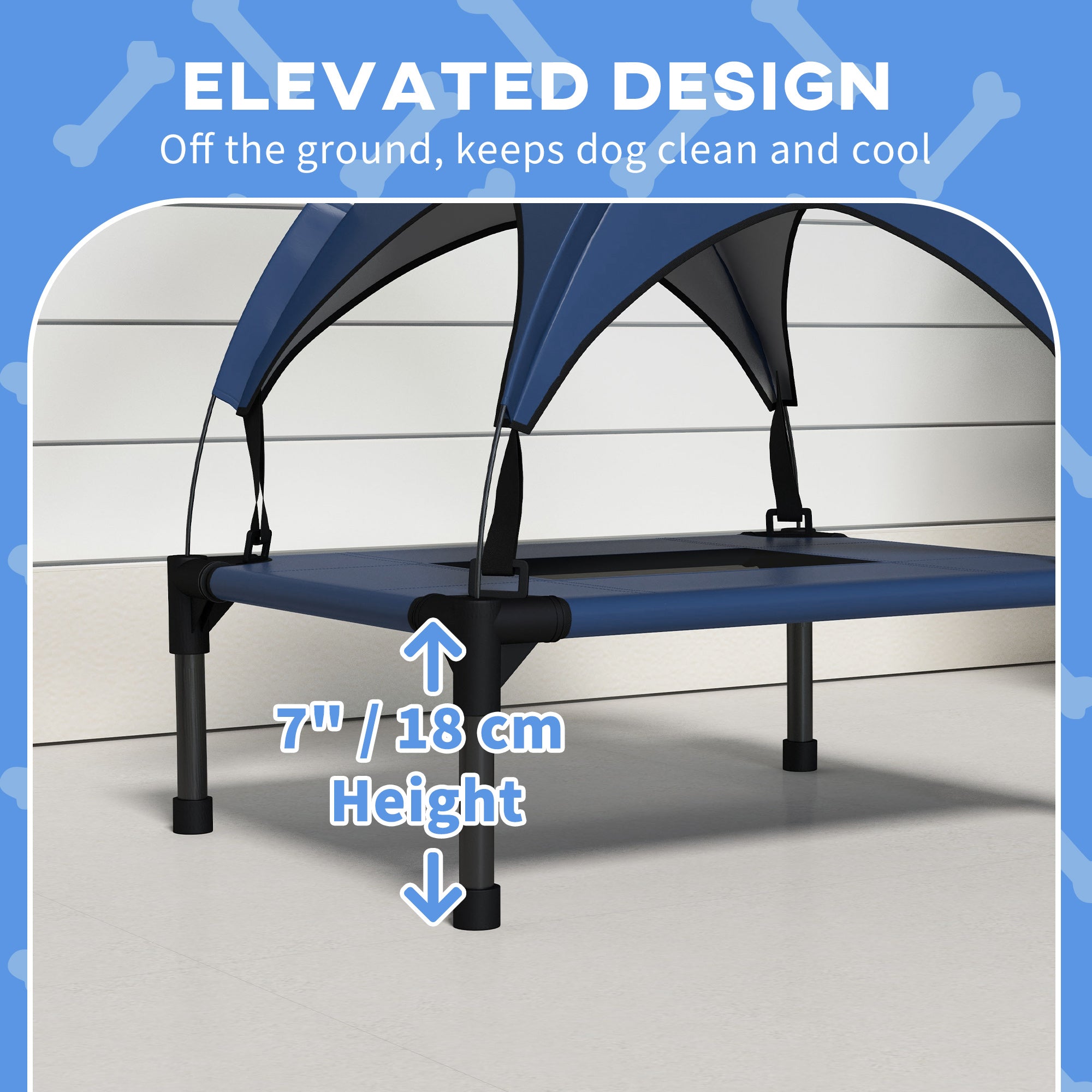 PawHut Cooling Raised Dog Bed, Elevated Pet Bed with Breathable Mesh, UV Protection Canopy, Foot Pads, for Indoor Outdoor, Mini, Small Dog, 61 x 46 x 63cm - Dark Blue