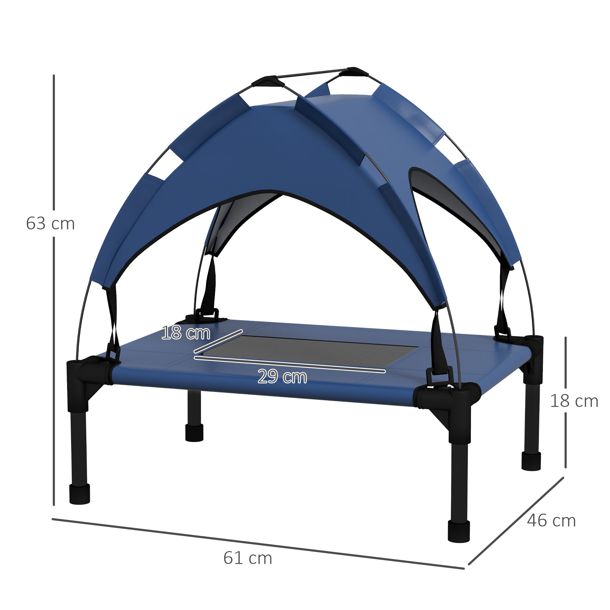 PawHut Cooling Raised Dog Bed, Elevated Pet Bed with Breathable Mesh, UV Protection Canopy, Foot Pads, for Indoor Outdoor, Mini, Small Dog, 61 x 46 x 63cm - Dark Blue