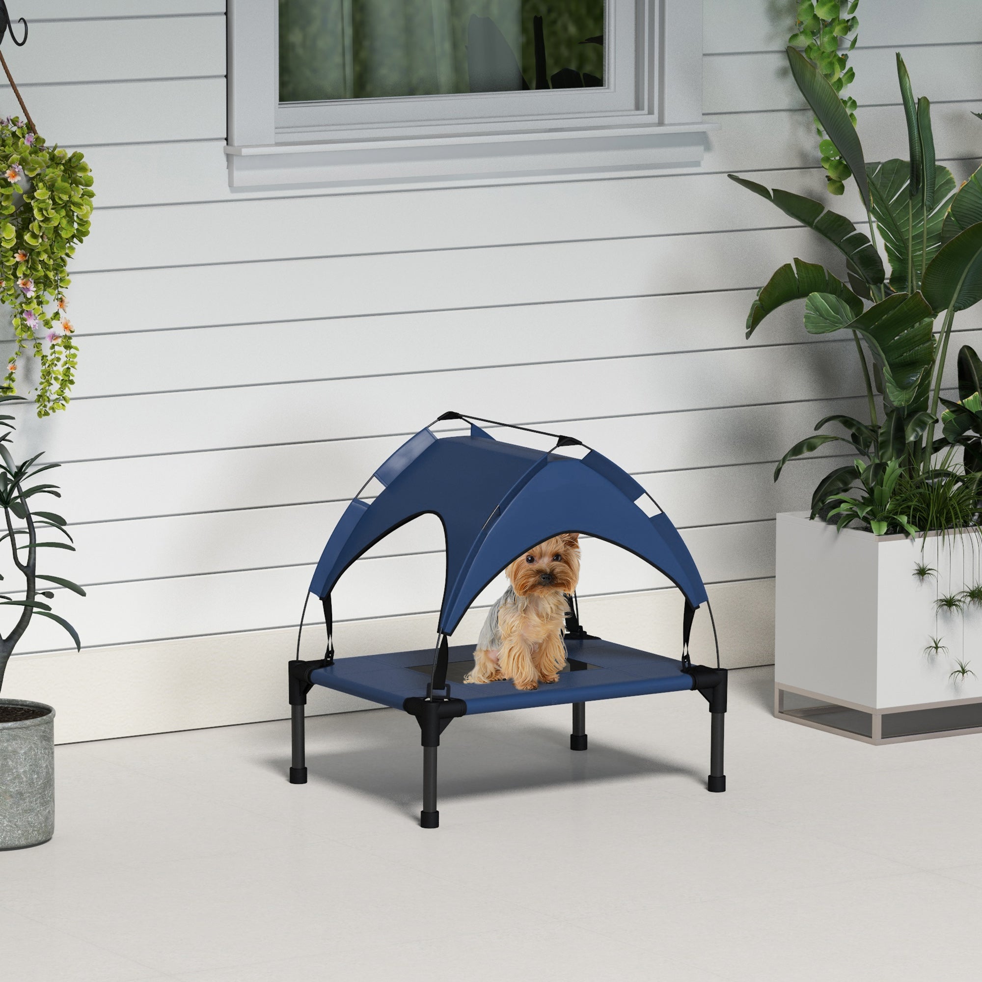 PawHut Cooling Raised Dog Bed, Elevated Pet Bed with Breathable Mesh, UV Protection Canopy, Foot Pads, for Indoor Outdoor, Mini, Small Dog, 61 x 46 x 63cm - Dark Blue