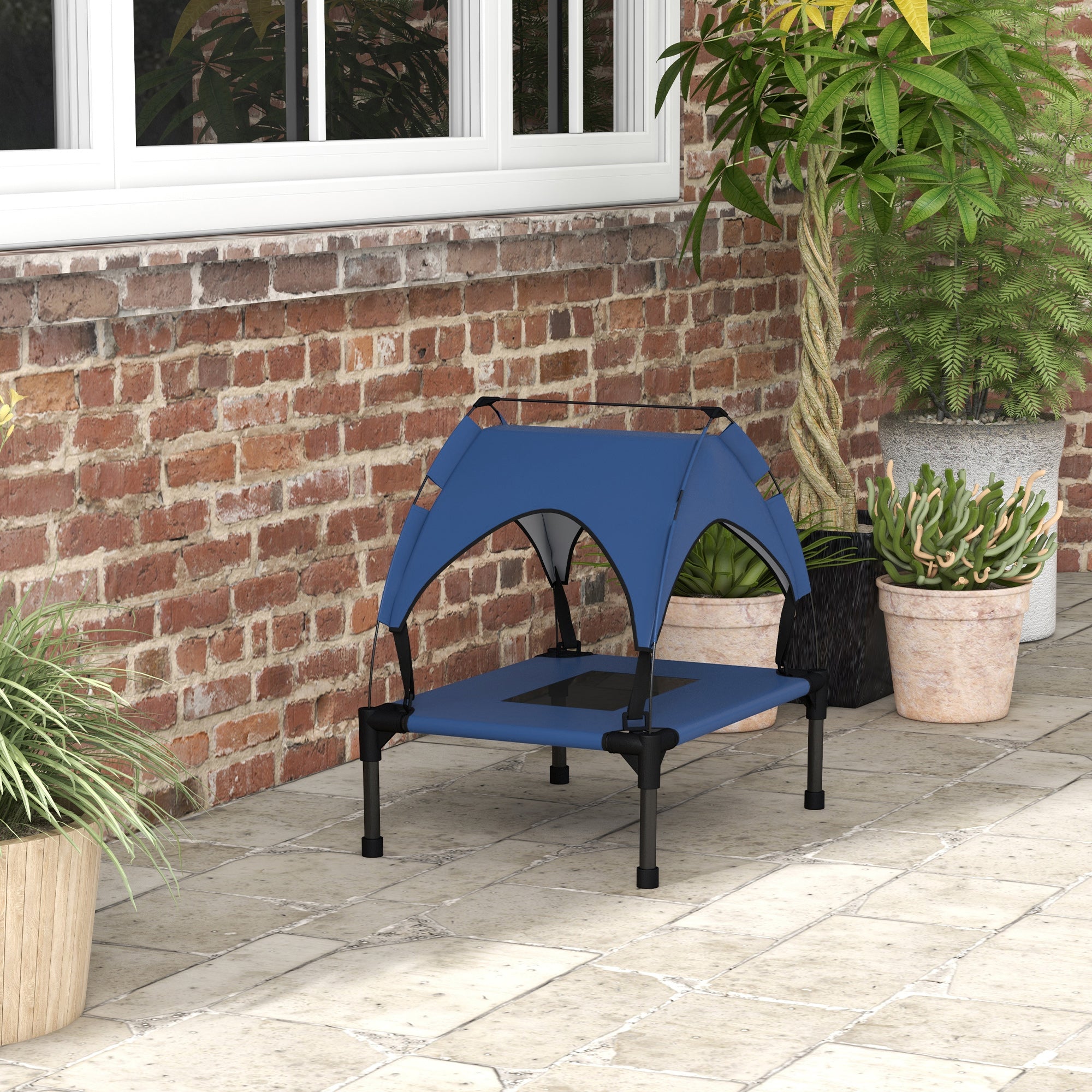 PawHut Cooling Raised Dog Bed, Elevated Pet Bed with Breathable Mesh, UV Protection Canopy, Foot Pads, for Indoor Outdoor, Mini, Small Dog, 61 x 46 x 63cm - Dark Blue