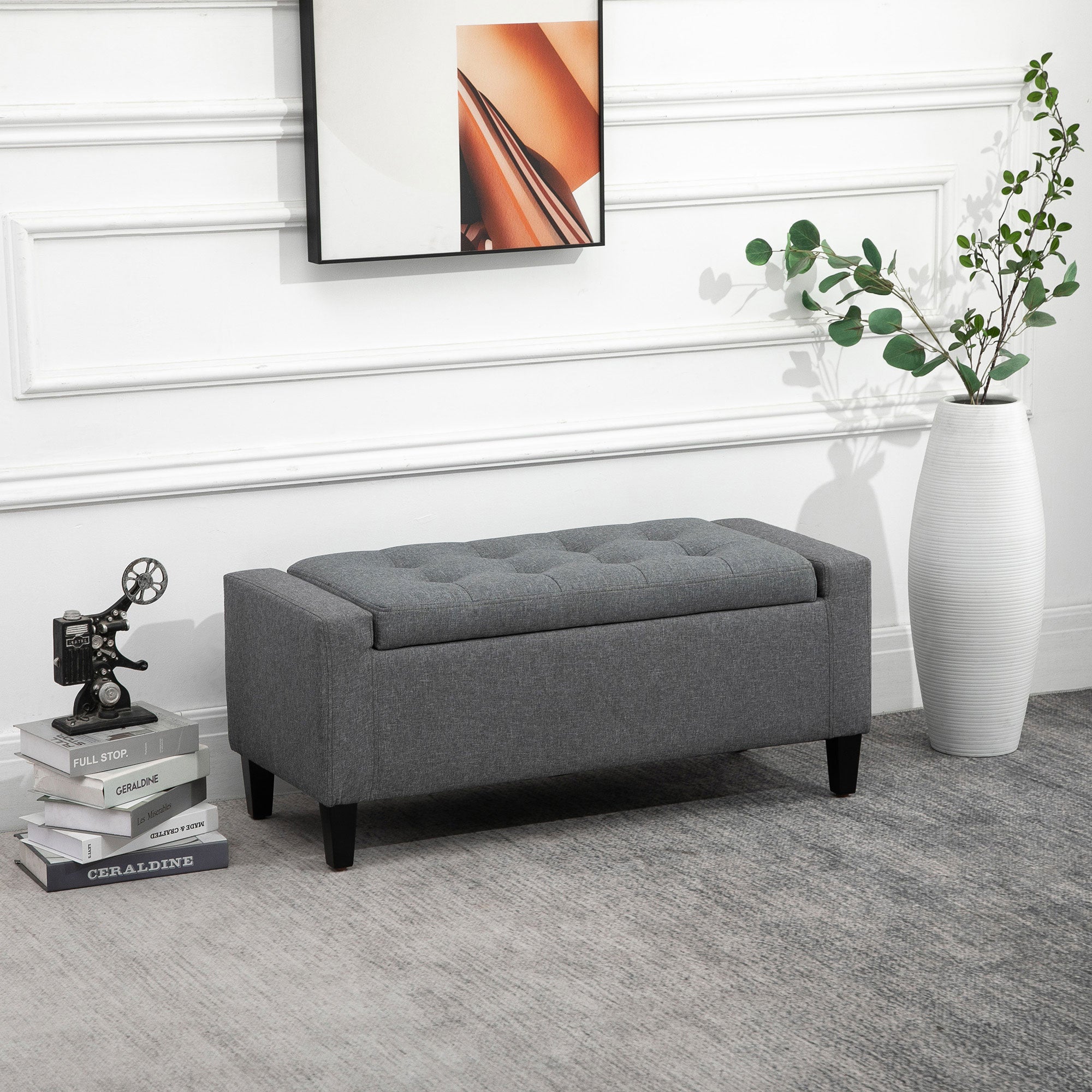 HOMCOM Storage Ottoman Bench Linen-Touch Fabric Tufted Chest Footstool with Flipping Top, Grey