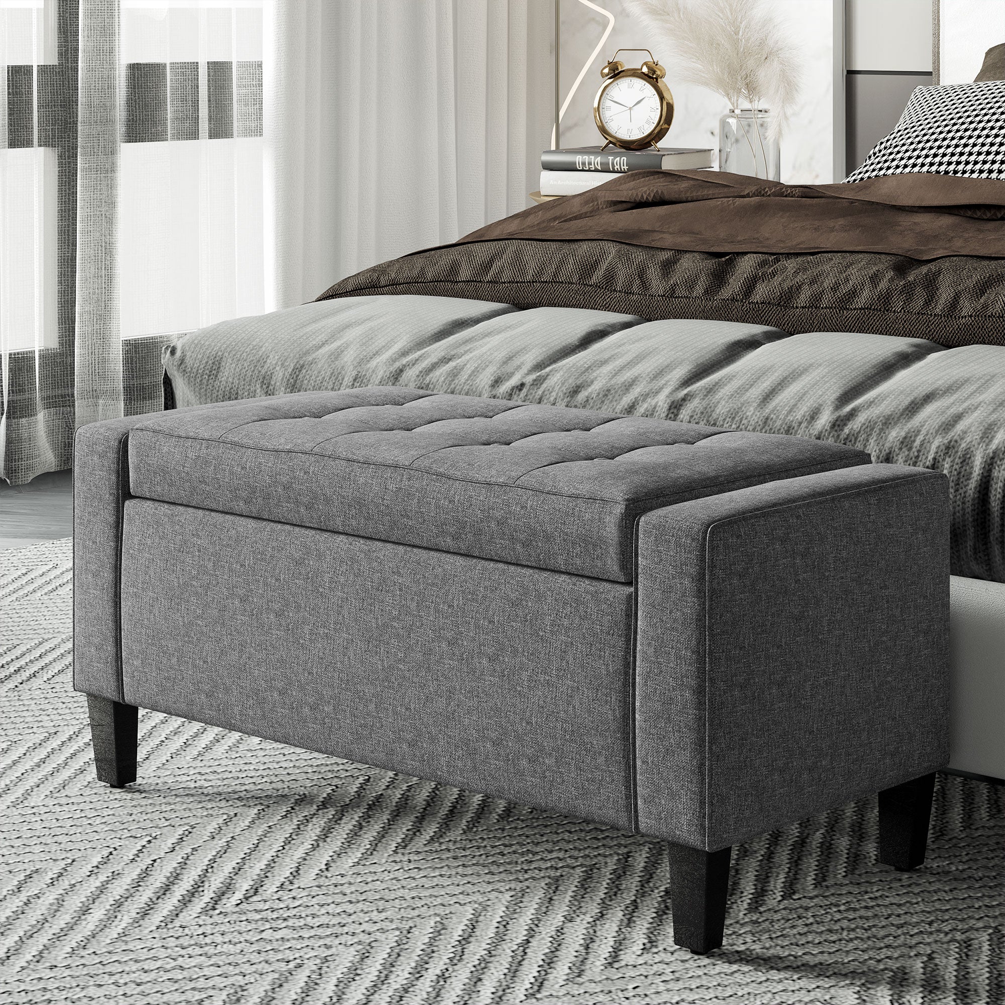 HOMCOM Storage Ottoman Bench Linen-Touch Fabric Tufted Chest Footstool with Flipping Top, Grey
