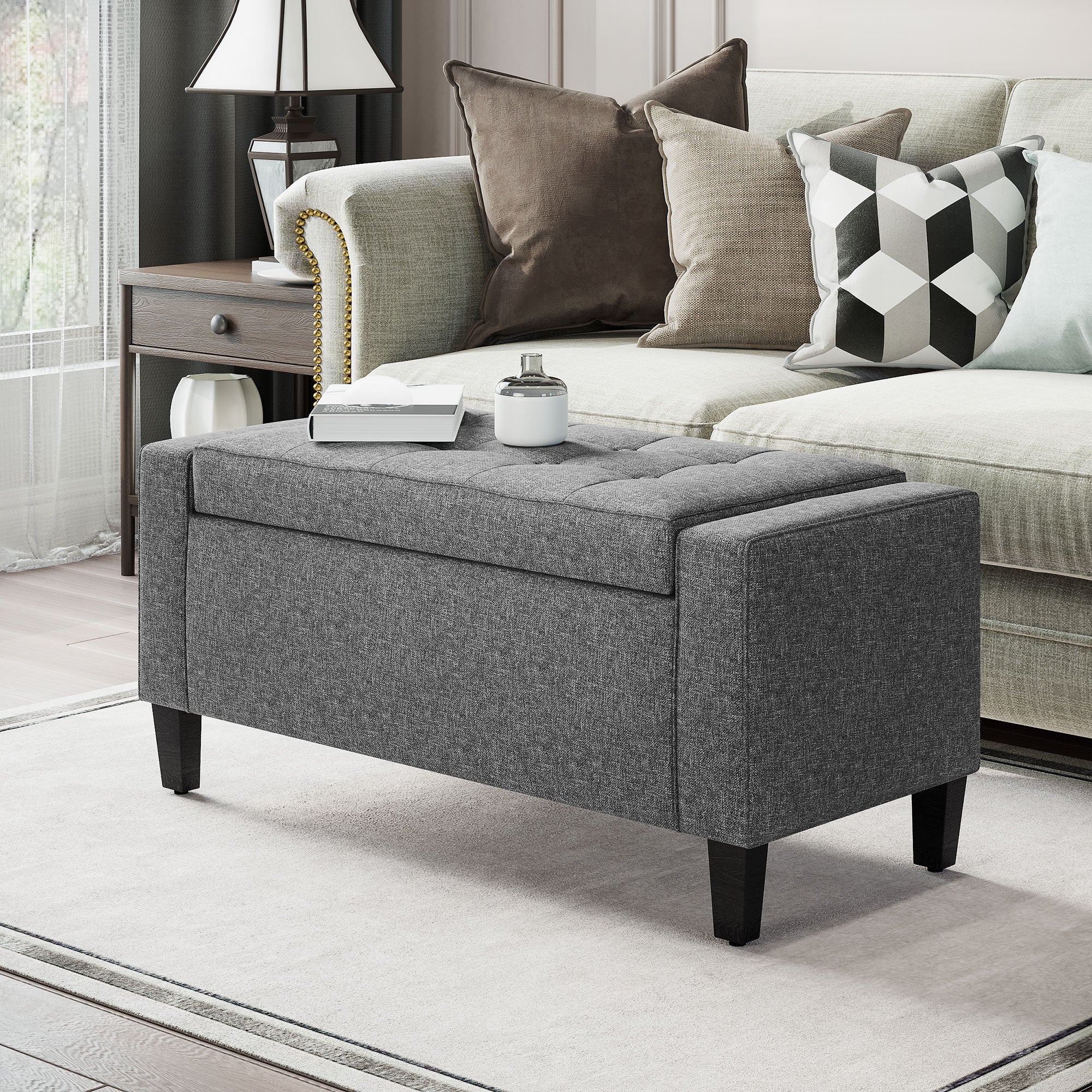 HOMCOM Storage Ottoman Bench Linen-Touch Fabric Tufted Chest Footstool with Flipping Top, Grey