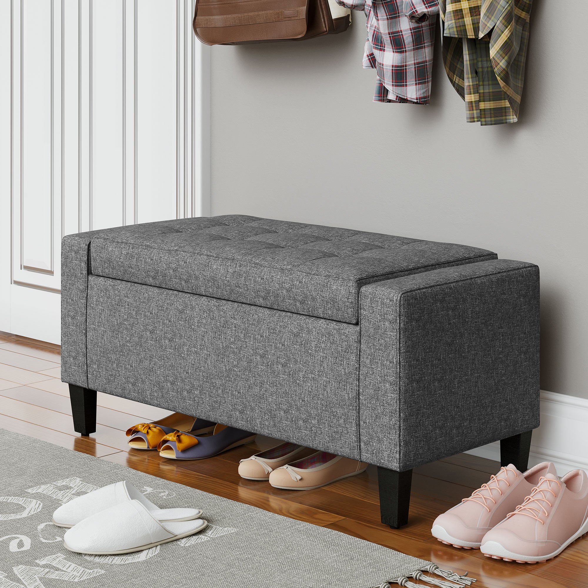 HOMCOM Storage Ottoman Bench Linen-Touch Fabric Tufted Chest Footstool with Flipping Top, Grey