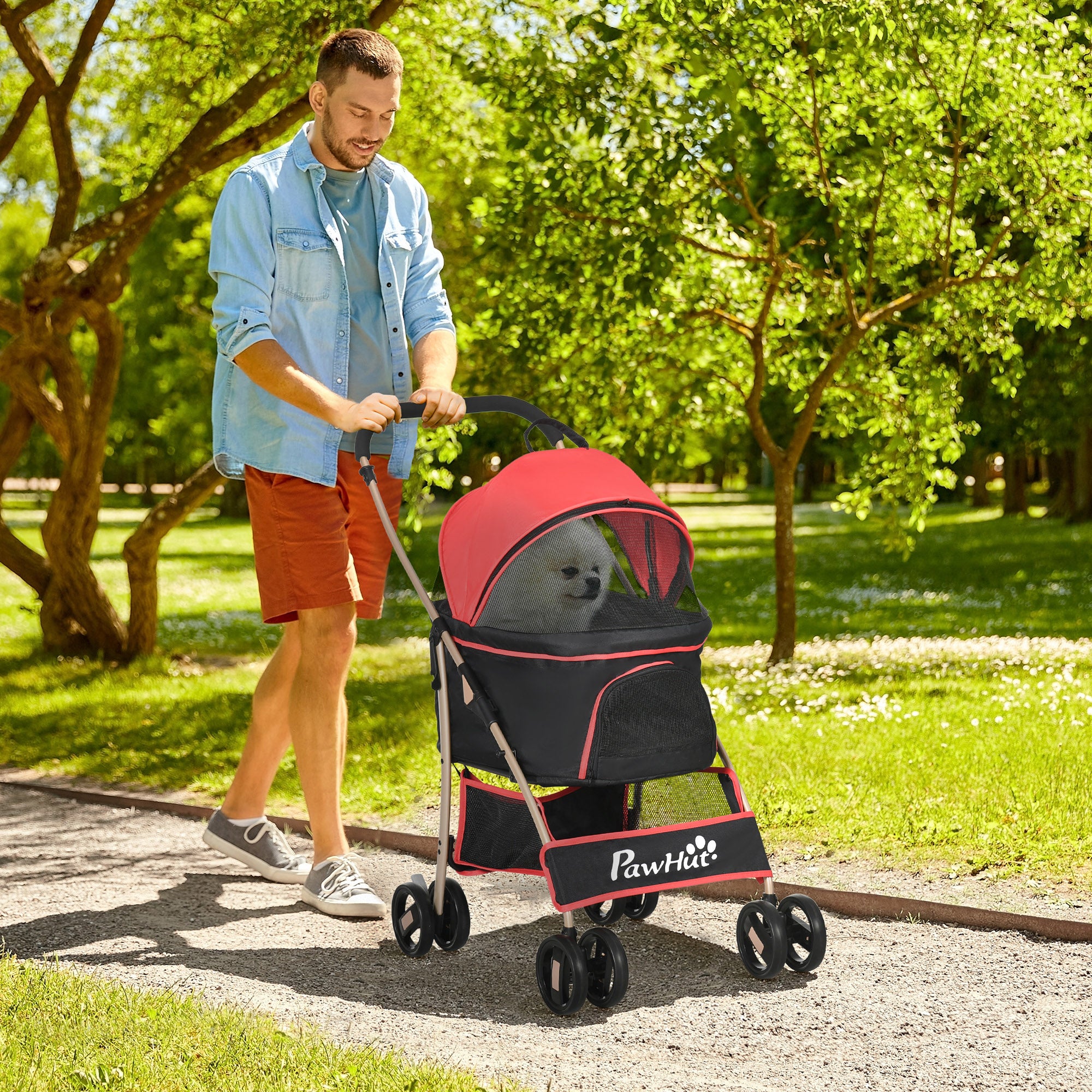 PawHut Dog Pram Dog Stroller 3 in 1 Pet Pushchair Detachable Design with Universal Wheels, Brake for Small Miniature Dogs - Red