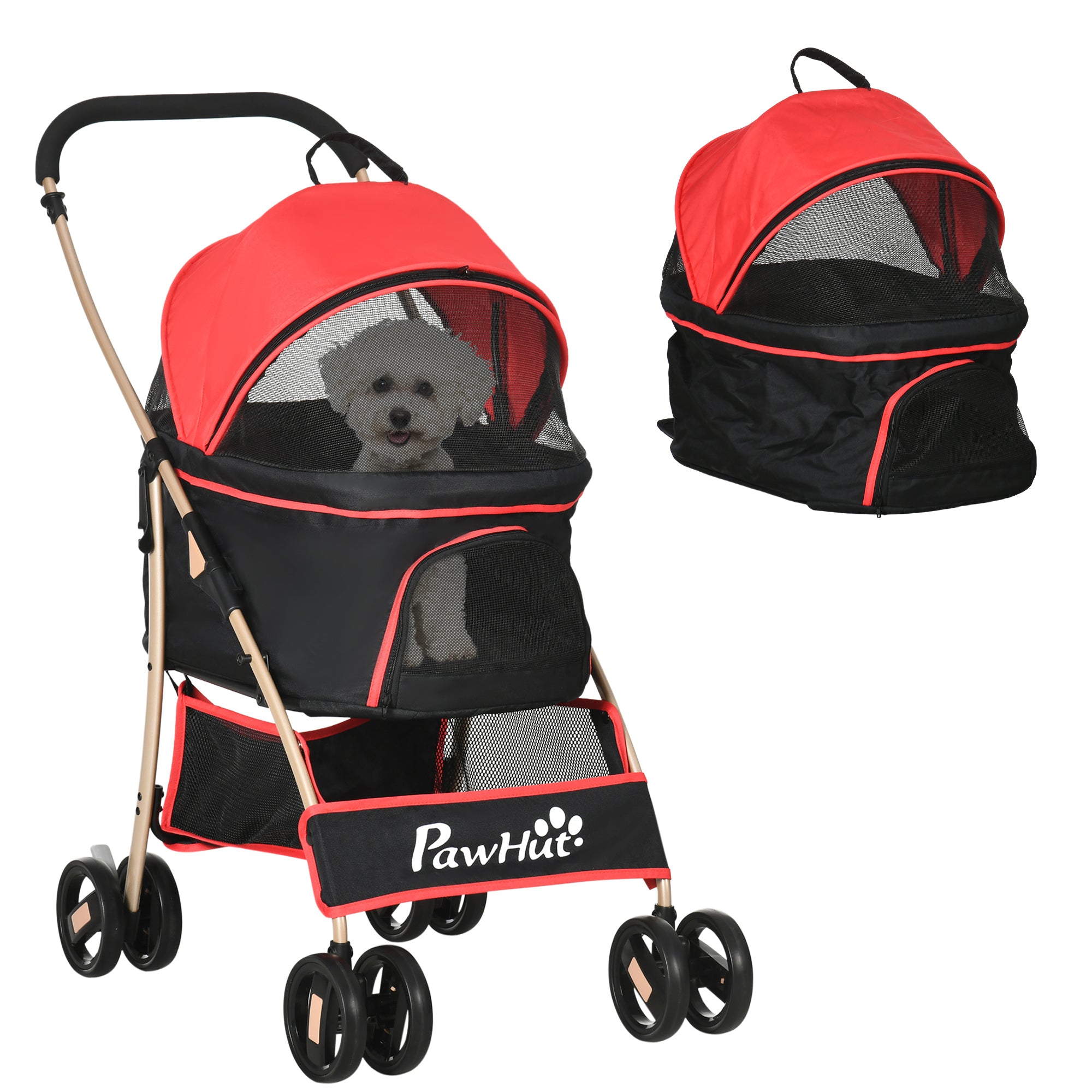 PawHut Dog Pram Dog Stroller 3 in 1 Pet Pushchair Detachable Design with Universal Wheels, Brake for Small Miniature Dogs - Red