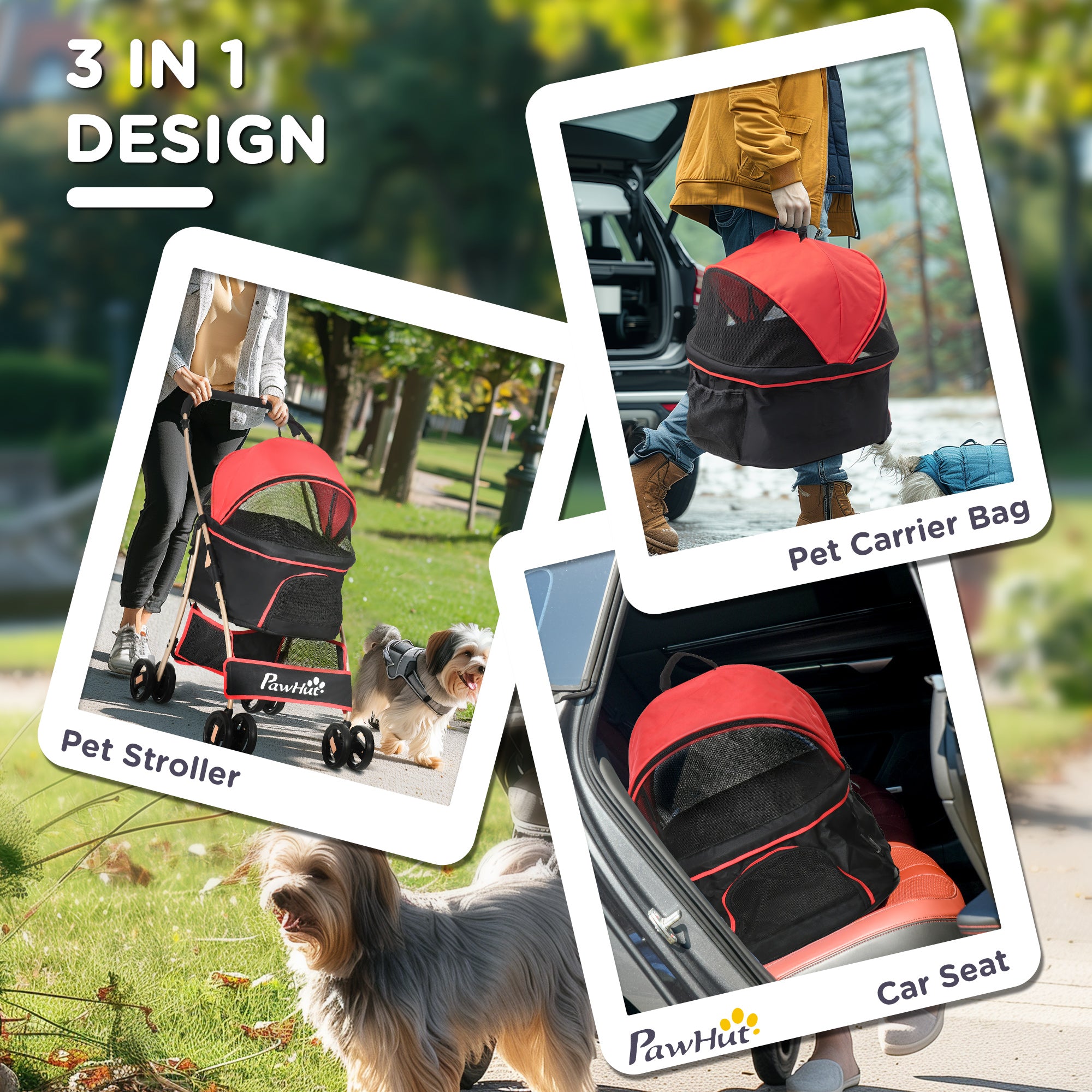 PawHut Dog Pram Dog Stroller 3 in 1 Pet Pushchair Detachable Design with Universal Wheels, Brake for Small Miniature Dogs - Red