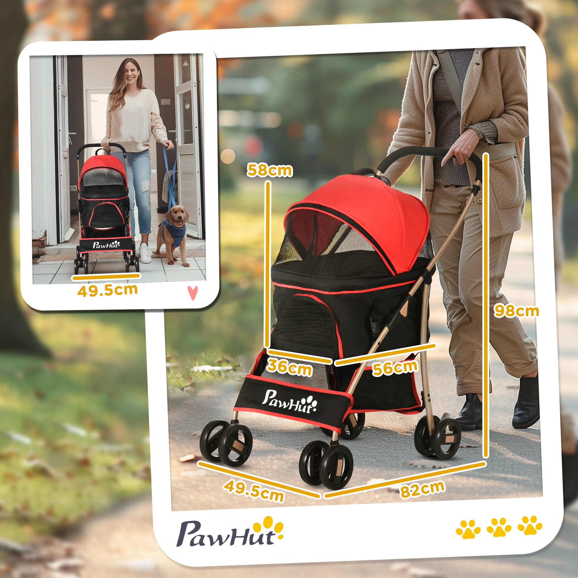 PawHut Dog Pram Dog Stroller 3 in 1 Pet Pushchair Detachable Design with Universal Wheels, Brake for Small Miniature Dogs - Red