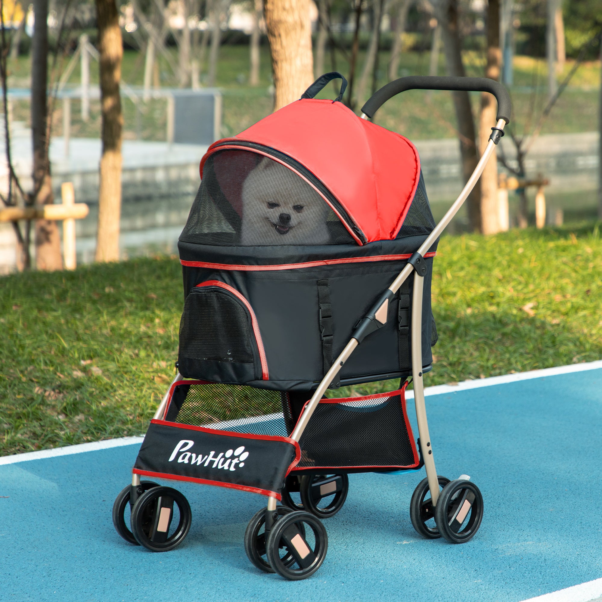 PawHut Dog Pram Dog Stroller 3 in 1 Pet Pushchair Detachable Design with Universal Wheels, Brake for Small Miniature Dogs - Red