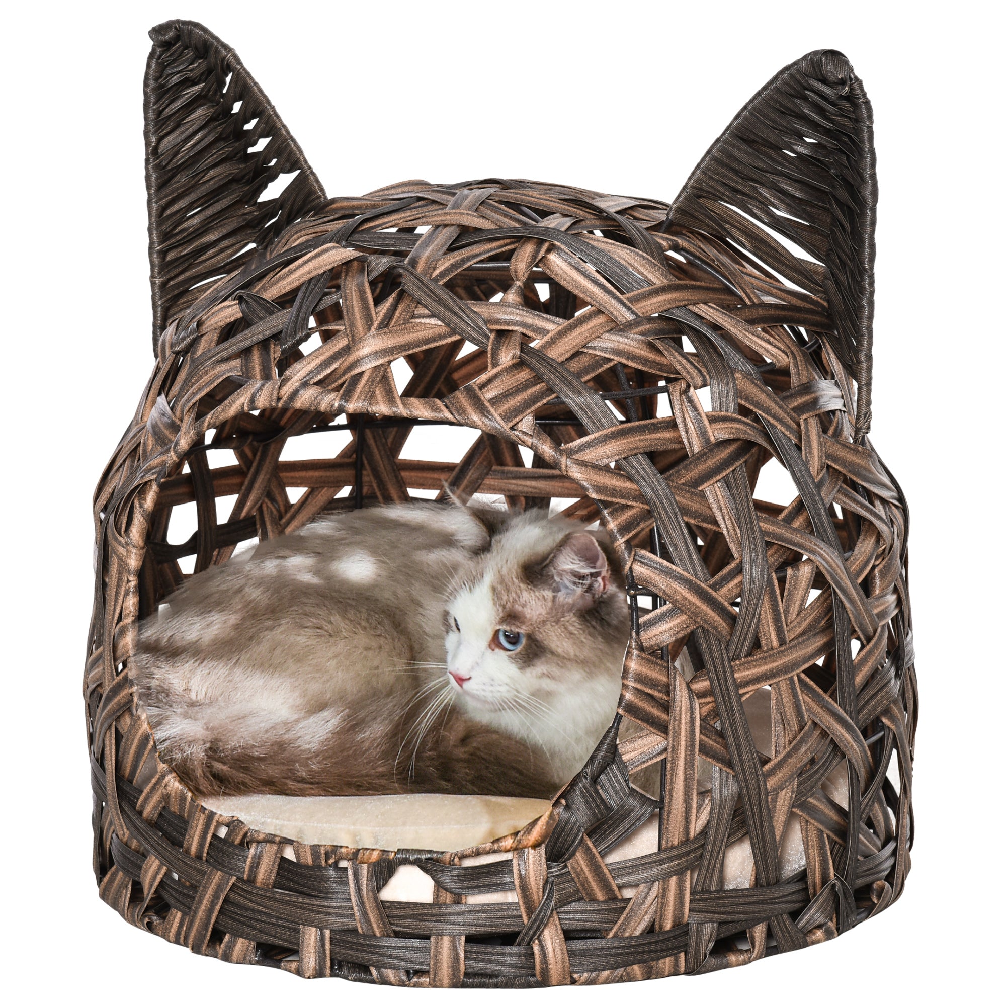 PawHut Wicker Cat Bed Rattan Kitten Basket Pet Den. House Cozy Cute-shaped Cave with Soft Cushion Brown