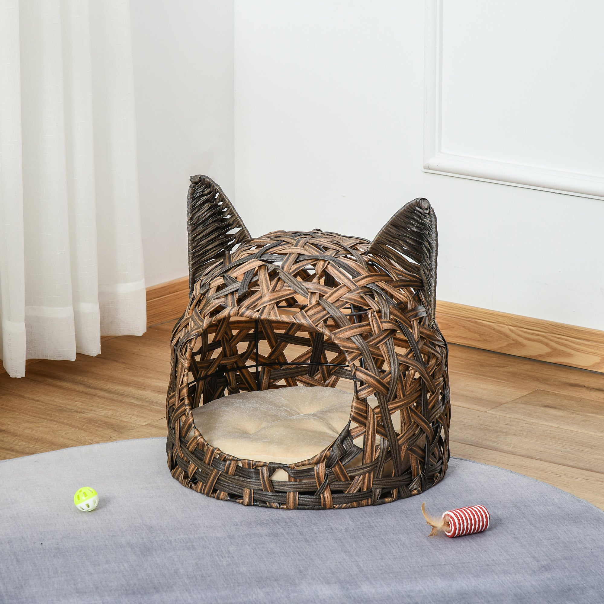 PawHut Wicker Cat Bed Rattan Kitten Basket Pet Den. House Cozy Cute-shaped Cave with Soft Cushion Brown