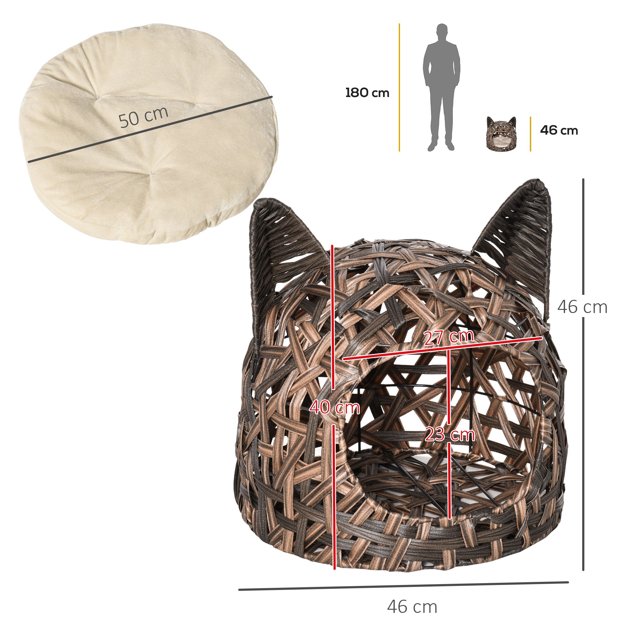 PawHut Wicker Cat Bed Rattan Kitten Basket Pet Den. House Cozy Cute-shaped Cave with Soft Cushion Brown