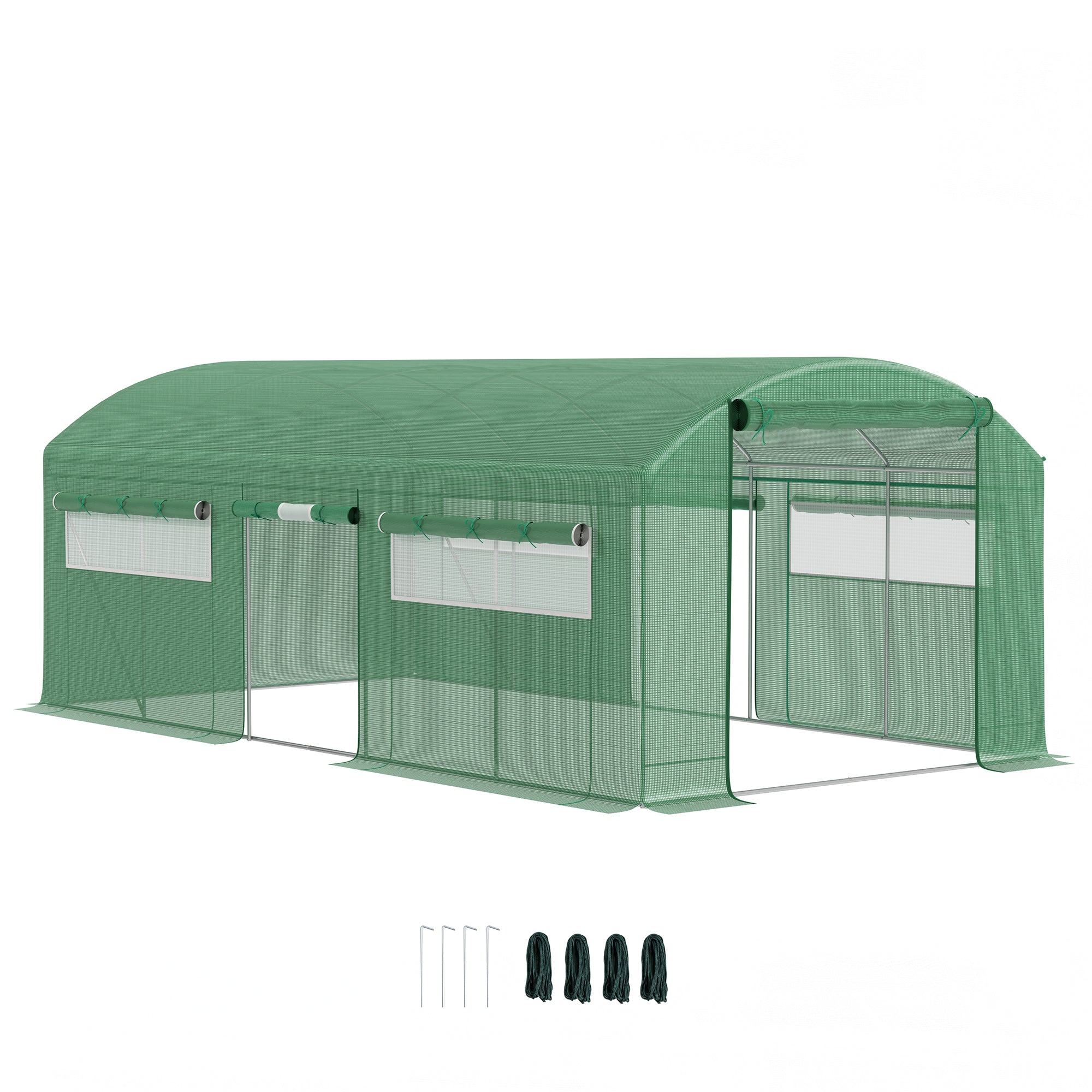 Outsunny 19.5' x 10' x 7.5' Walk-in Tunnel Greenhouse with 3 Roll-Up Doors and Large Mesh Windows, Outdoor Green House, Plant Hot House Tent with Galvanized Steel Frame, Green