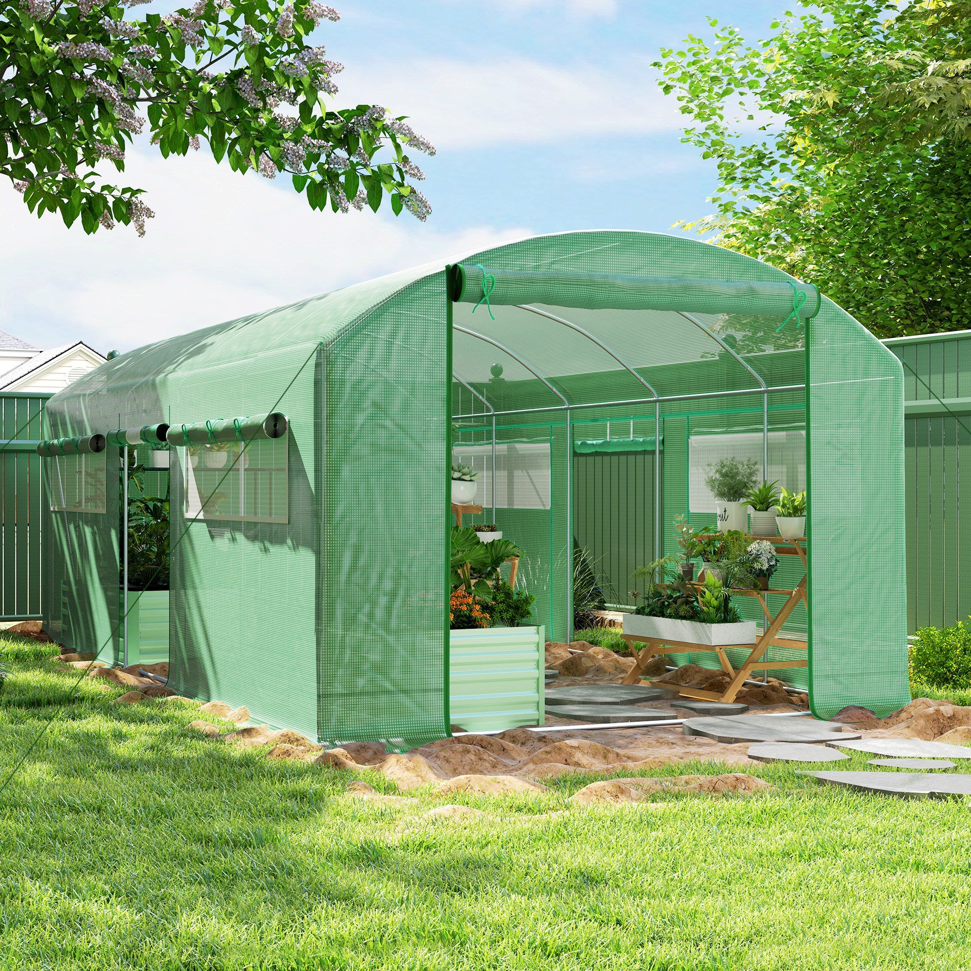 Outsunny 19.5' x 10' x 7.5' Walk-in Tunnel Greenhouse with 3 Roll-Up Doors and Large Mesh Windows, Outdoor Green House, Plant Hot House Tent with Galvanized Steel Frame, Green