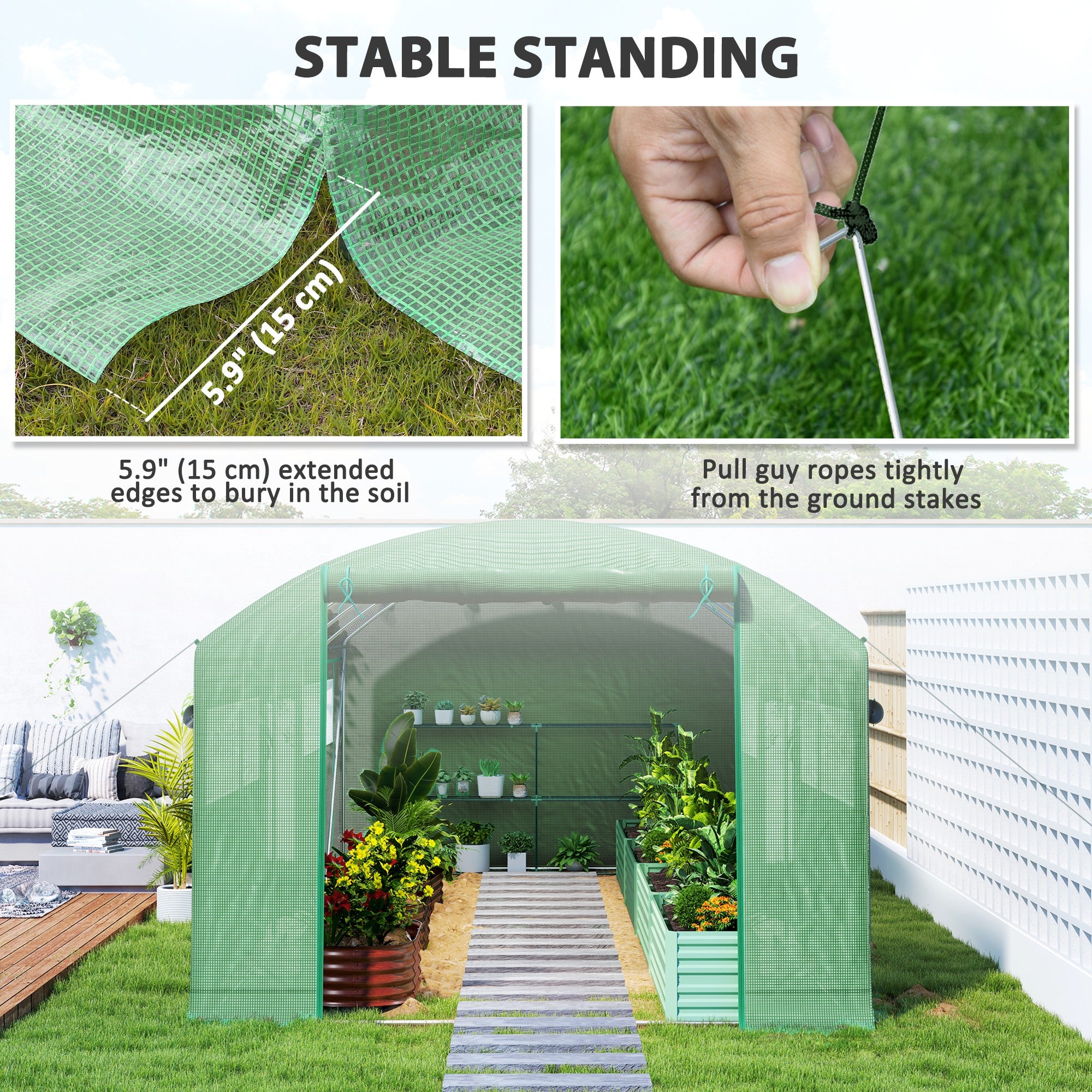 Outsunny 19.5' x 10' x 7.5' Walk-in Tunnel Greenhouse with 3 Roll-Up Doors and Large Mesh Windows, Outdoor Green House, Plant Hot House Tent with Galvanized Steel Frame, Green