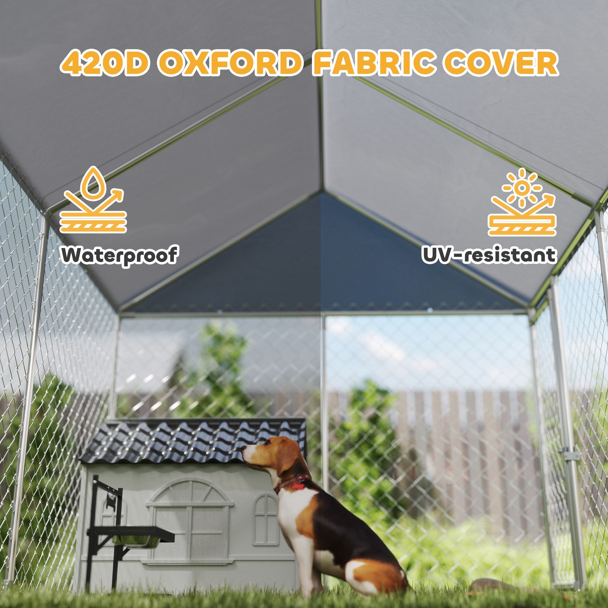PawHut Outdoor Dog Kennel with Roof, Heavy Duty Galvanized Steel Dog Run Chain Link w/ Waterproof UV-Resistant Cover, Safety Lockable Latch System, 9.2' x 7.5' x 7.2'