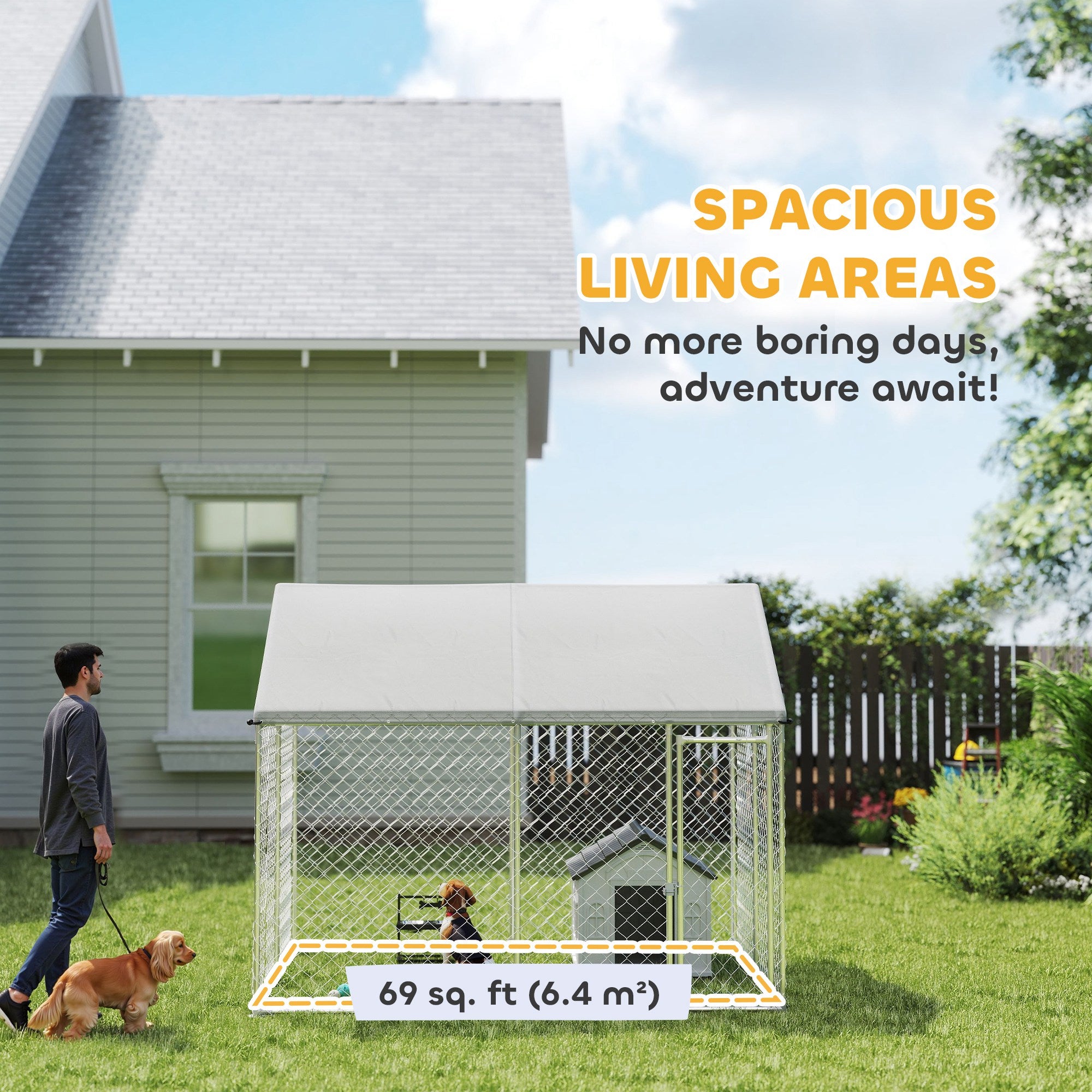 PawHut Outdoor Dog Kennel with Roof, Heavy Duty Galvanized Steel Dog Run Chain Link w/ Waterproof UV-Resistant Cover, Safety Lockable Latch System, 9.2' x 7.5' x 7.2'